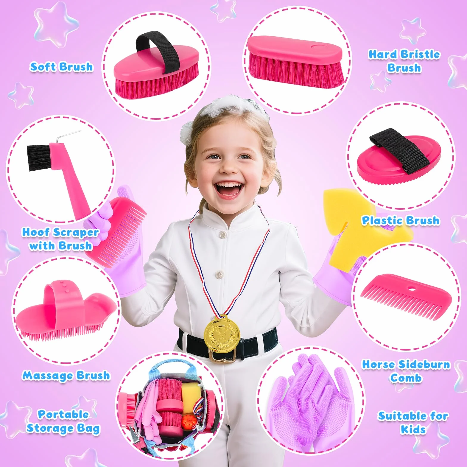 deAO Set de Cuidado de Caballos con Bolsa, Utensilios de Limpieza para Caballos para Niños con Cepillo, Guantes, Cepillo de Masaje, Peine para Crines, Rascador de Cascos, Esponja para Caballos (Rosa)