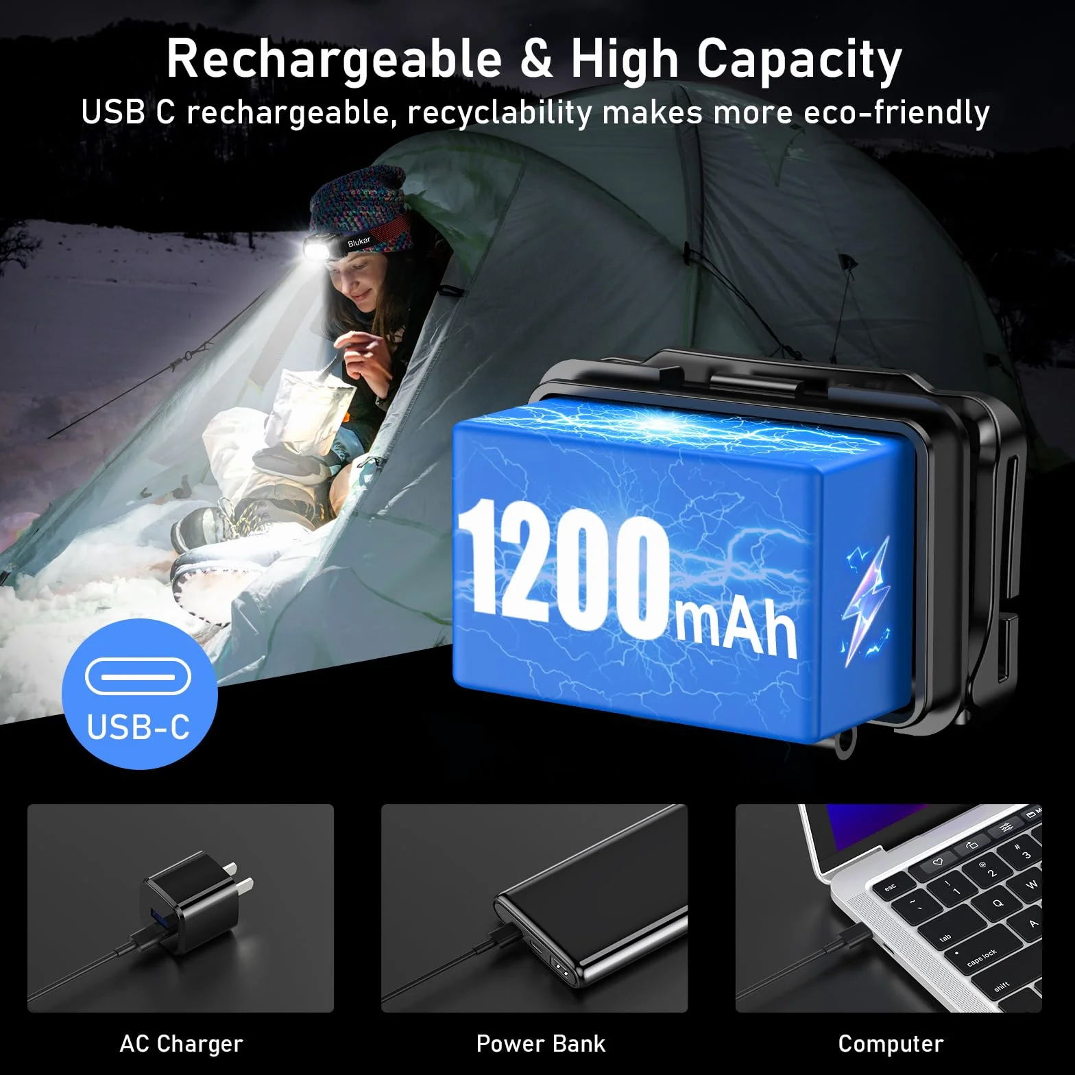 Blukar Linterna Frontal Recargable LED Superbrillante, Atenuación Continua, IPX5 Impermeable para Camping