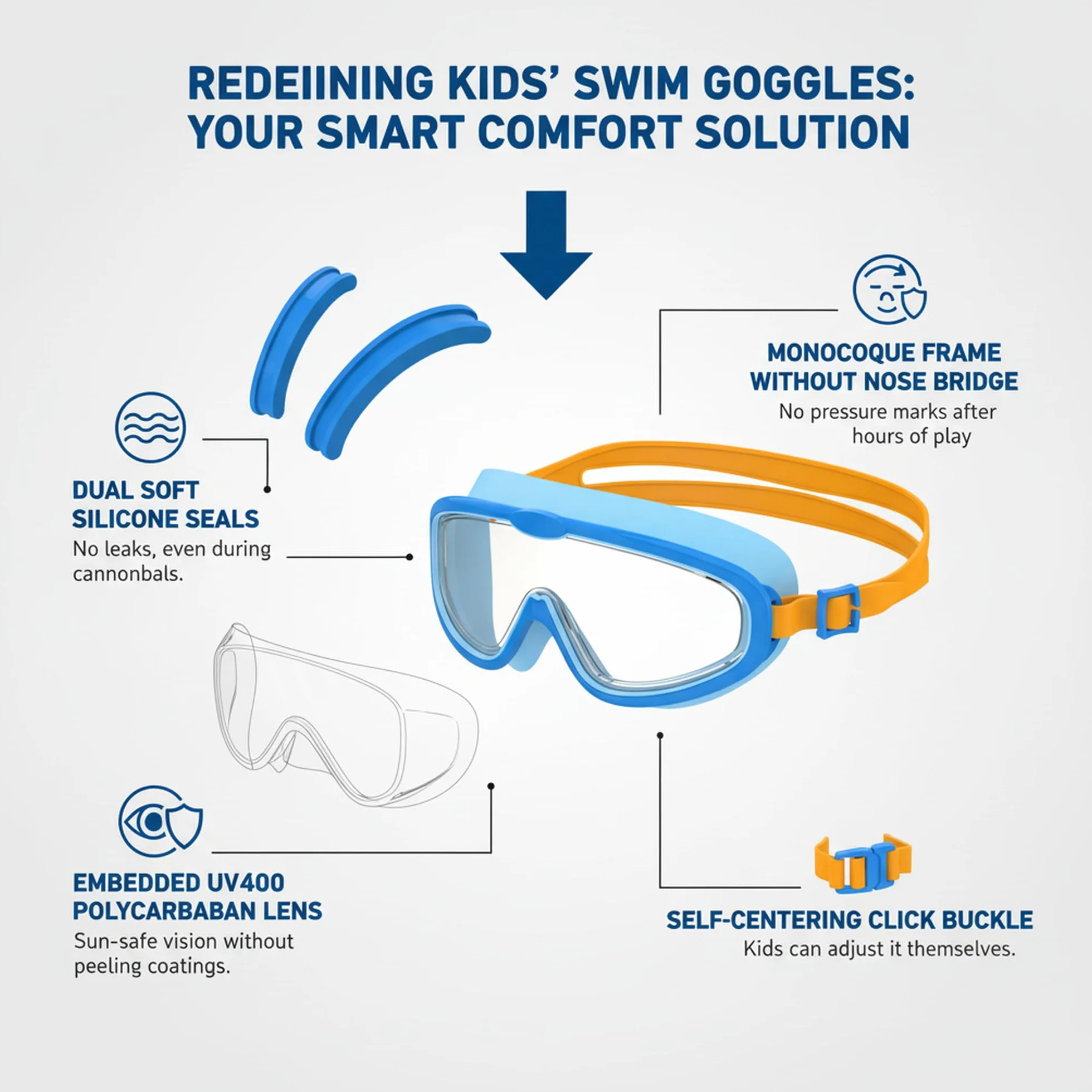Gafas de Natación Infantiles Marco Grande Antivaho Protección UV Ajuste Rápido Silicona Unisex 3-14 Años
