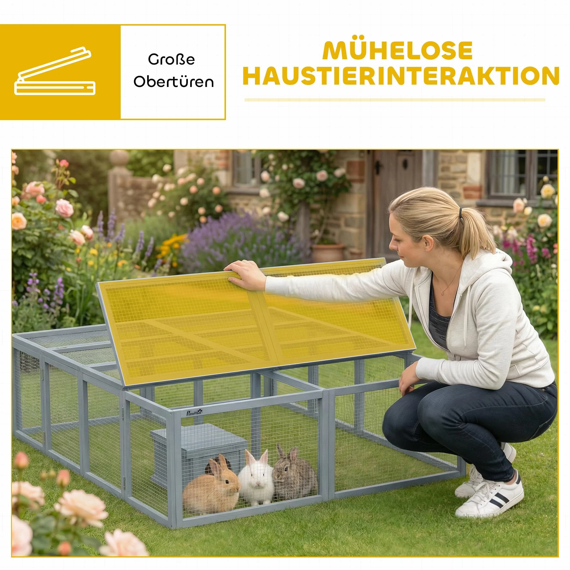 PawHut Recinto con conejera 2 Puertas 180,4x150x48 cm Gris | Conejera de madera con refugio, para 2-4 conejos enanos, cobayas enanas, patos