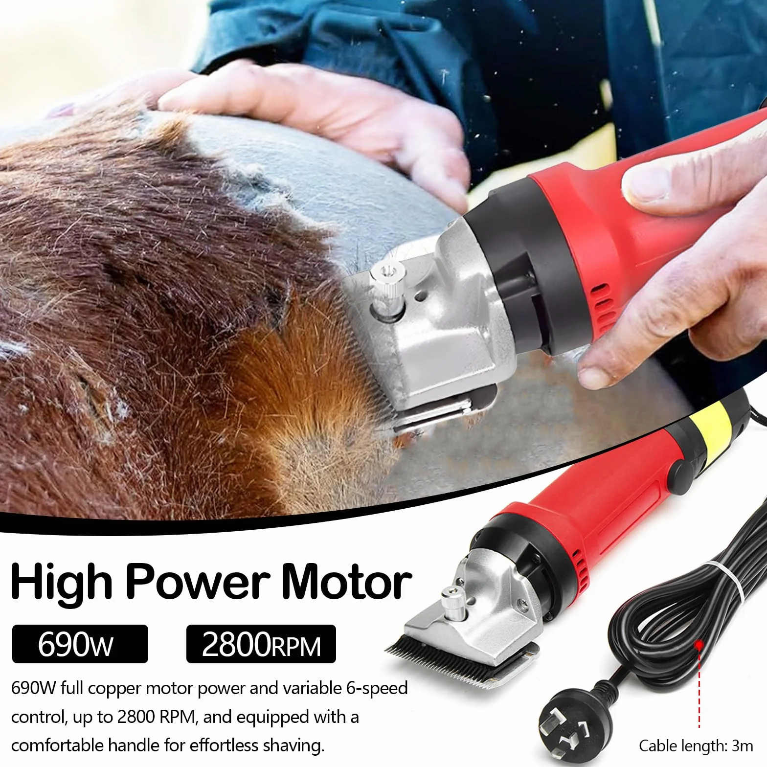 Esquiladora para Caballos, Maquina Esquilar Profesional para Caballo 220V 690W Eléctrica con Potente Motor de 2800 rpm y Cuchilla de 77mm de Diámetro