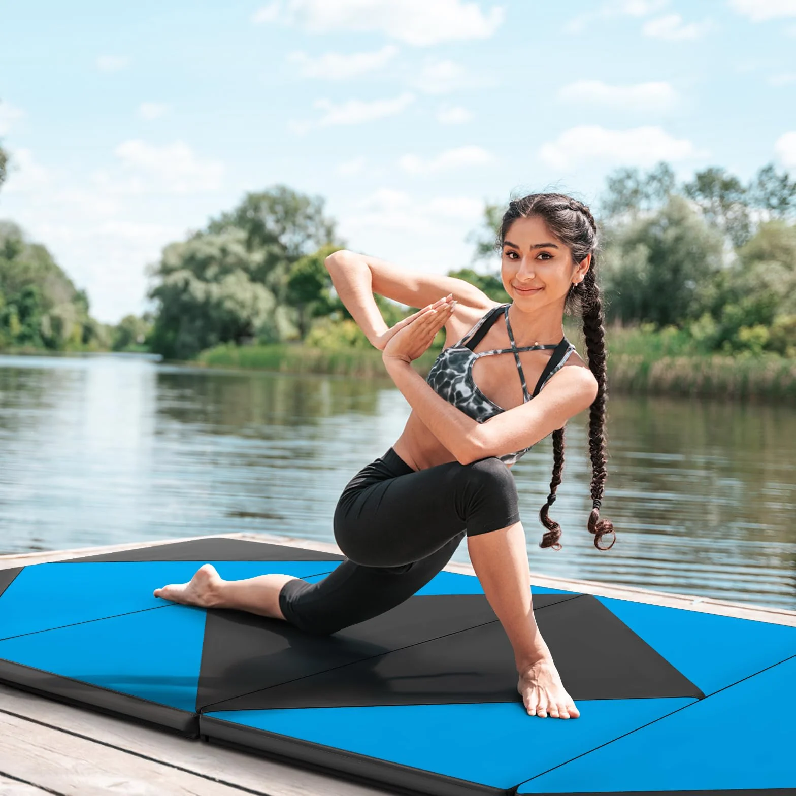 COSTWAY Colchoneta de Gimnasia Plegable 240 x 117 x 5 cm, Esterilla de Piel PU para Ejercicio Aeróbico
