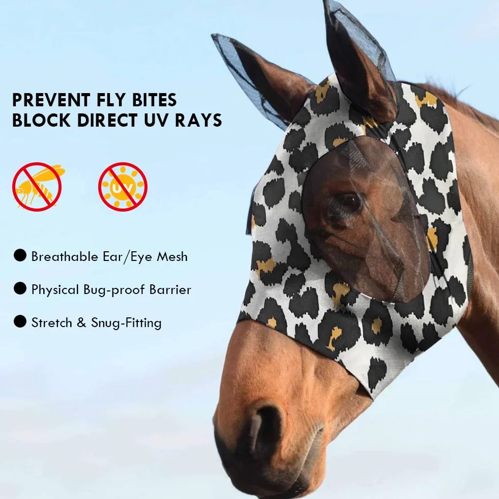 Máscara Antimoscas para Caballos con Orejeras, Estampado de Leopardo, Anti-UV, Malla Transpirable