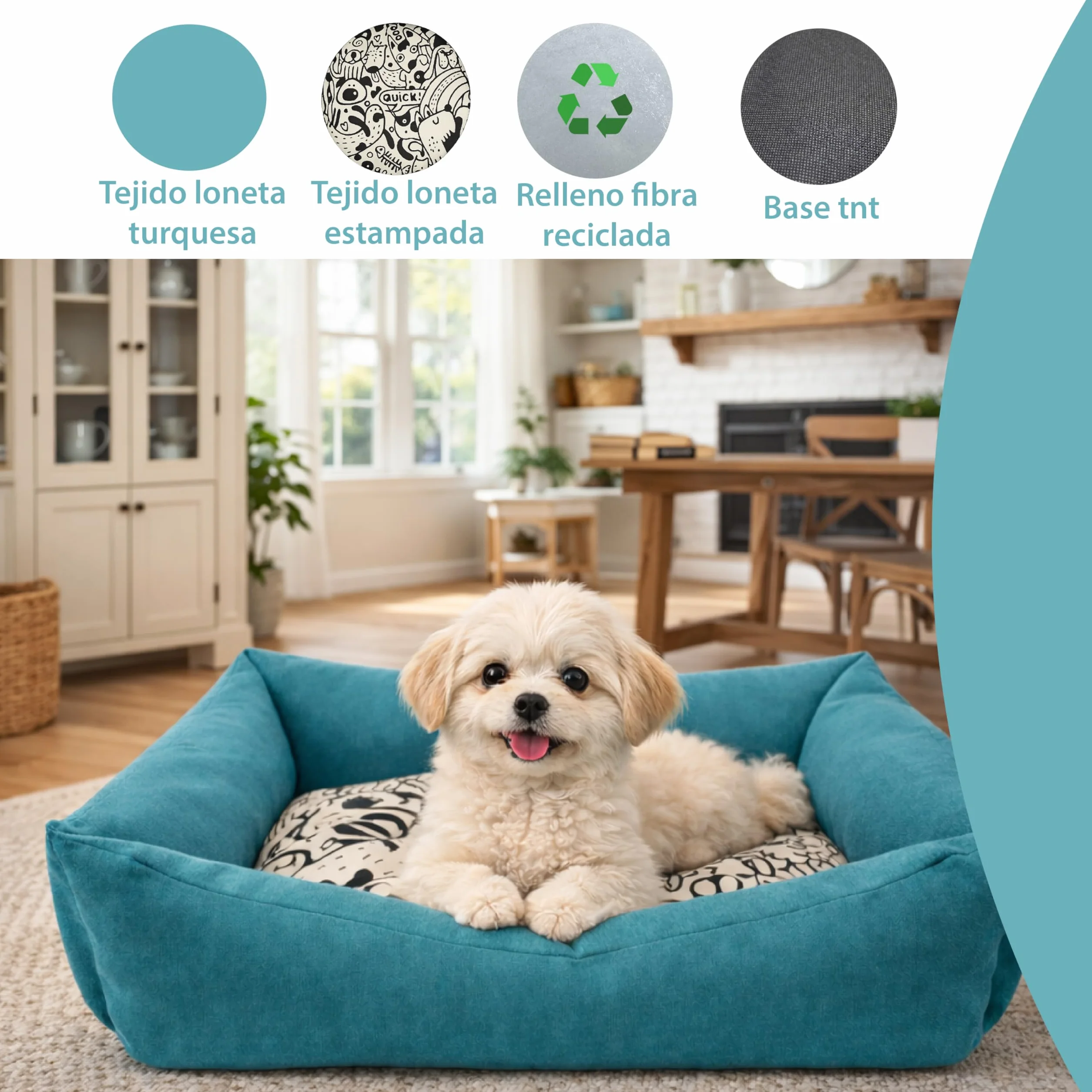 Cama para Perros Pequeños DOG'S T-2 de Loneta Resistente -55x45x14 cm. Descanso Ergonómico y Relajante para tu Mascota. Sofá con Funda Extraíble Lavable con Relleno Reciclado, Azul Turquesa