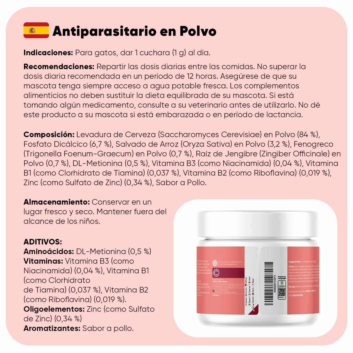 animigo Antiparasitario en Polvo para Gatos 100g Sabor Pollo - Protección Natural Antipulgas y Antigarrapatas Muy Fácil de Suministrar Formulado con Ingredientes Naturales, Vitaminas Grupo B y Zinc