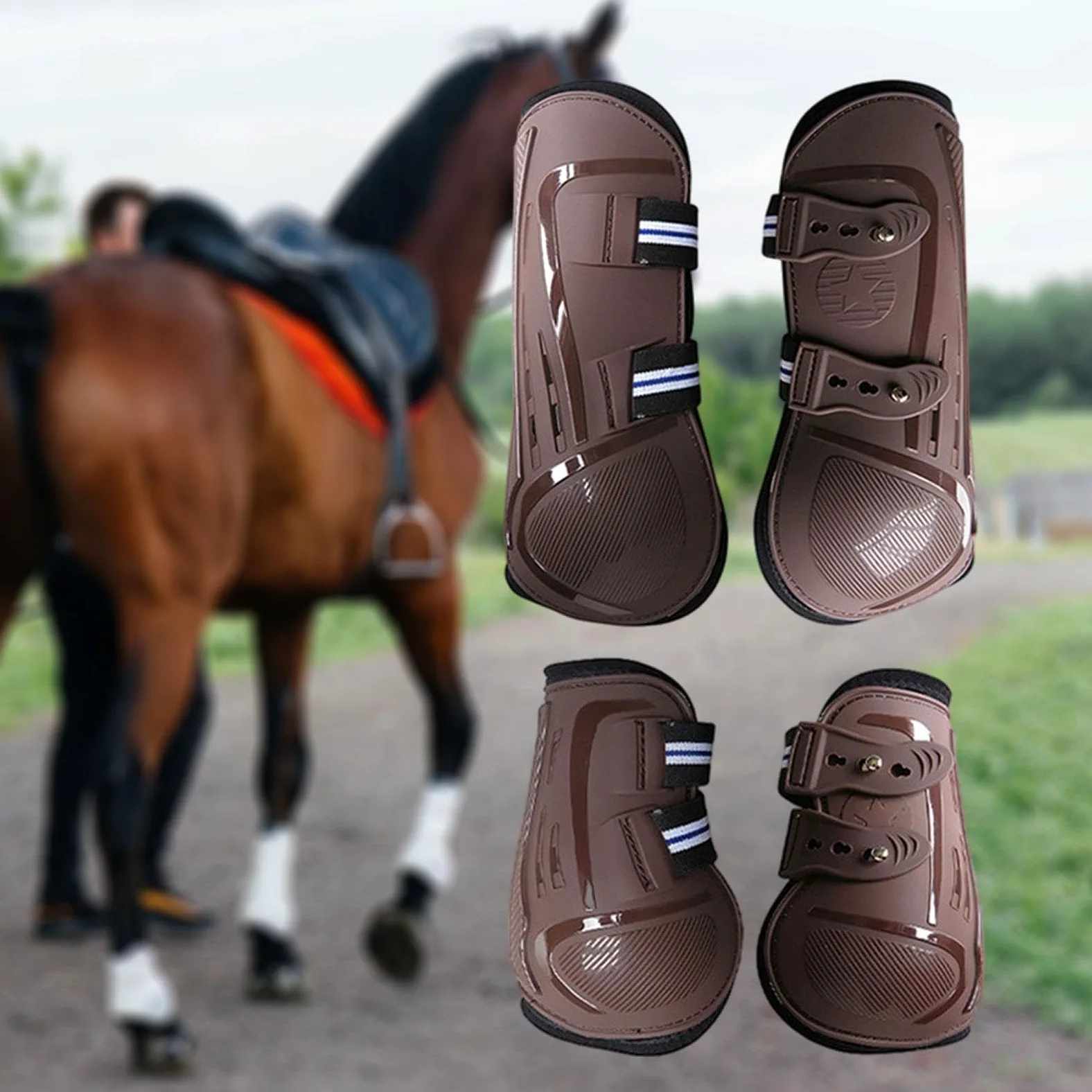 Sharplace 4X Botas para Caballos, Protección para Las Piernas, Soporte Amortiguador, Vendajes para Las Piernas, Protector de Piernas para Entrenamiento de Salto, marrón XL