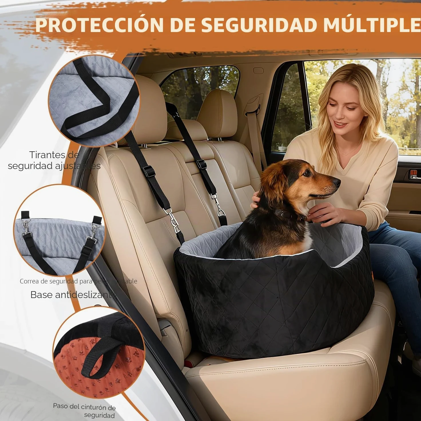 Asiento de Coche de 10 cm de Altura para Perros de Menos de 25 kg | Cojín de 70 x 42 x 10 cm, 2 correas de seguridad, asiento para coche para perros con funda extraíble y lavable