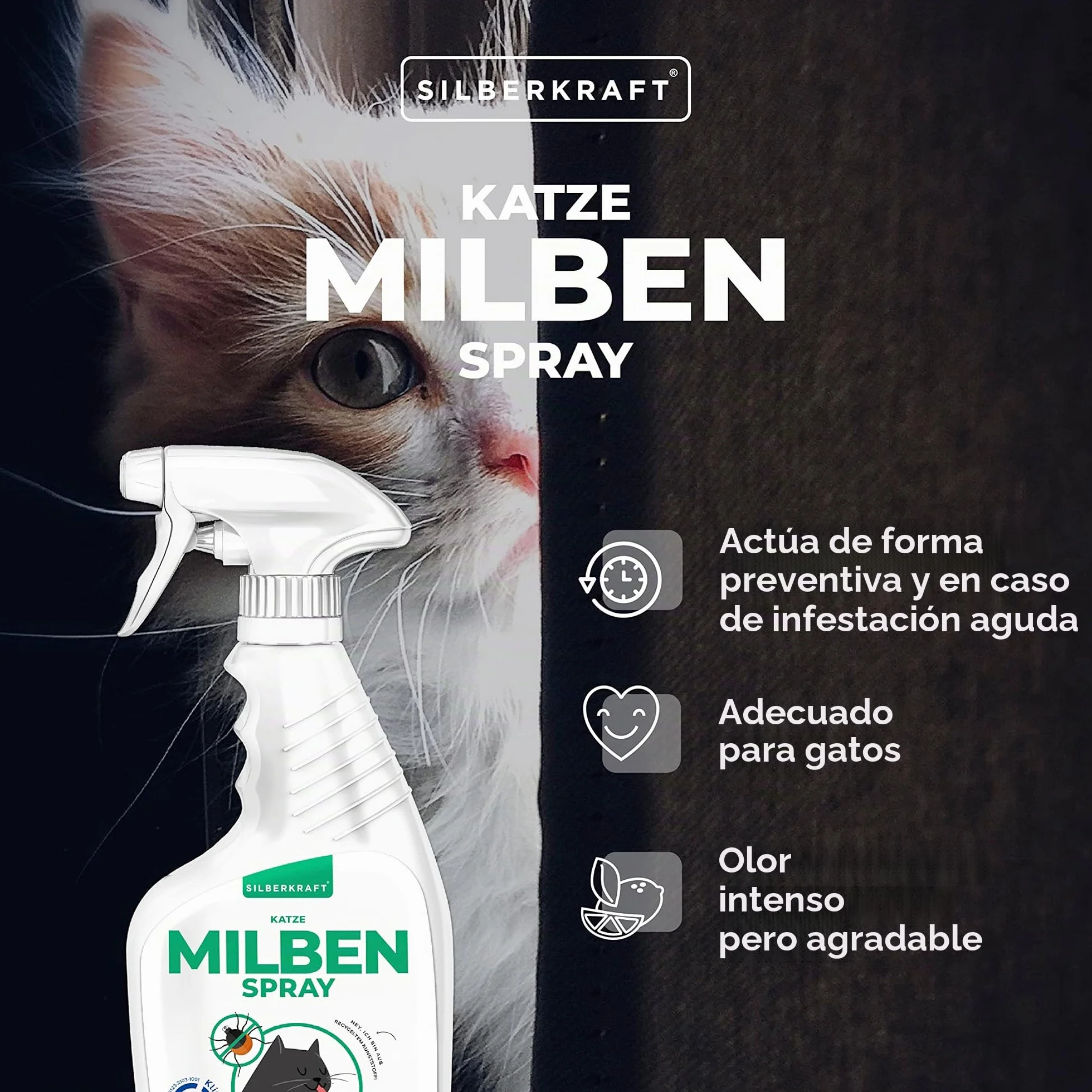 Silberkraft Spray antiácaros para gatos, 500 ml, eficaz antiácaros, para tratar los ácaros del oído, ácaros del gato