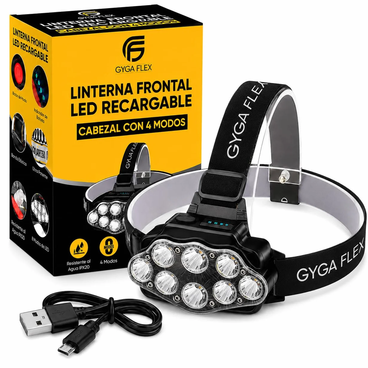 Linterna Frontal LED Recargable 4 Modos IPX20 100 Metros Ajustable 90°