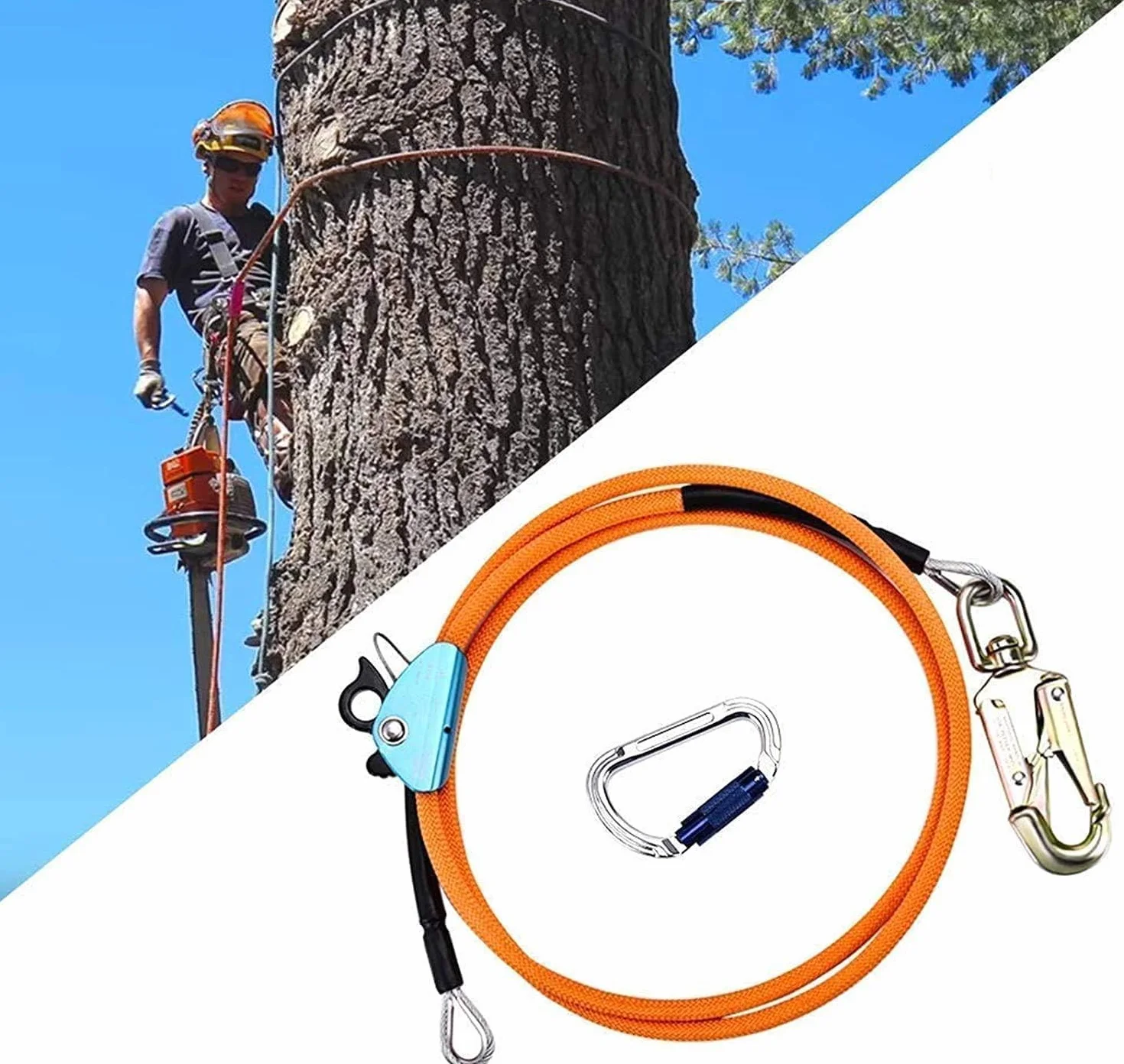 Cuerda de Seguridad de 12 mm * 3 m, Resistente a Cortes, Estiramiento Bajo, con Mosquetón de Triple Bloqueo