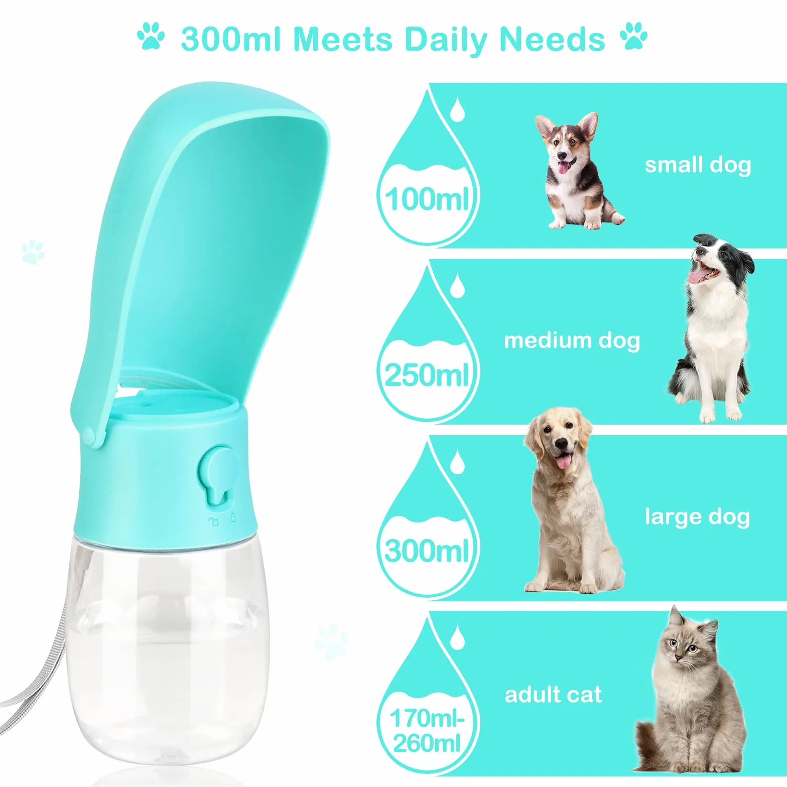JOPHEK 300ML Botella de Agua para Mascotas, 180°Plegable Botellas de Agua para Perro Gato con Botón de Bloqueo y Filtro de Carbón Activado para Acampar a Pie Todos los Días