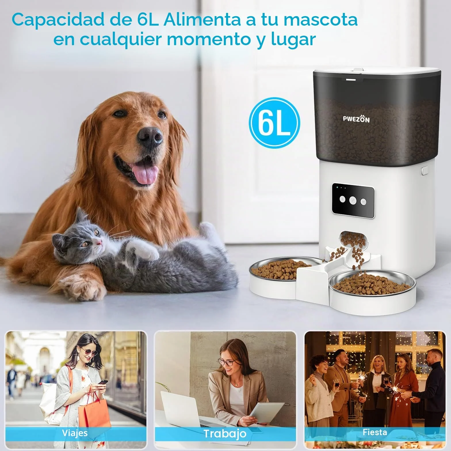 6L Comederos Automáticos para Gatos y Perros con Dos Tazones, PWEZON Inteligente WiFi Dispensador de Alimentación Automático para Dos Mascotas, Temporizador, Control de Porciones, Grabadora de Voz
