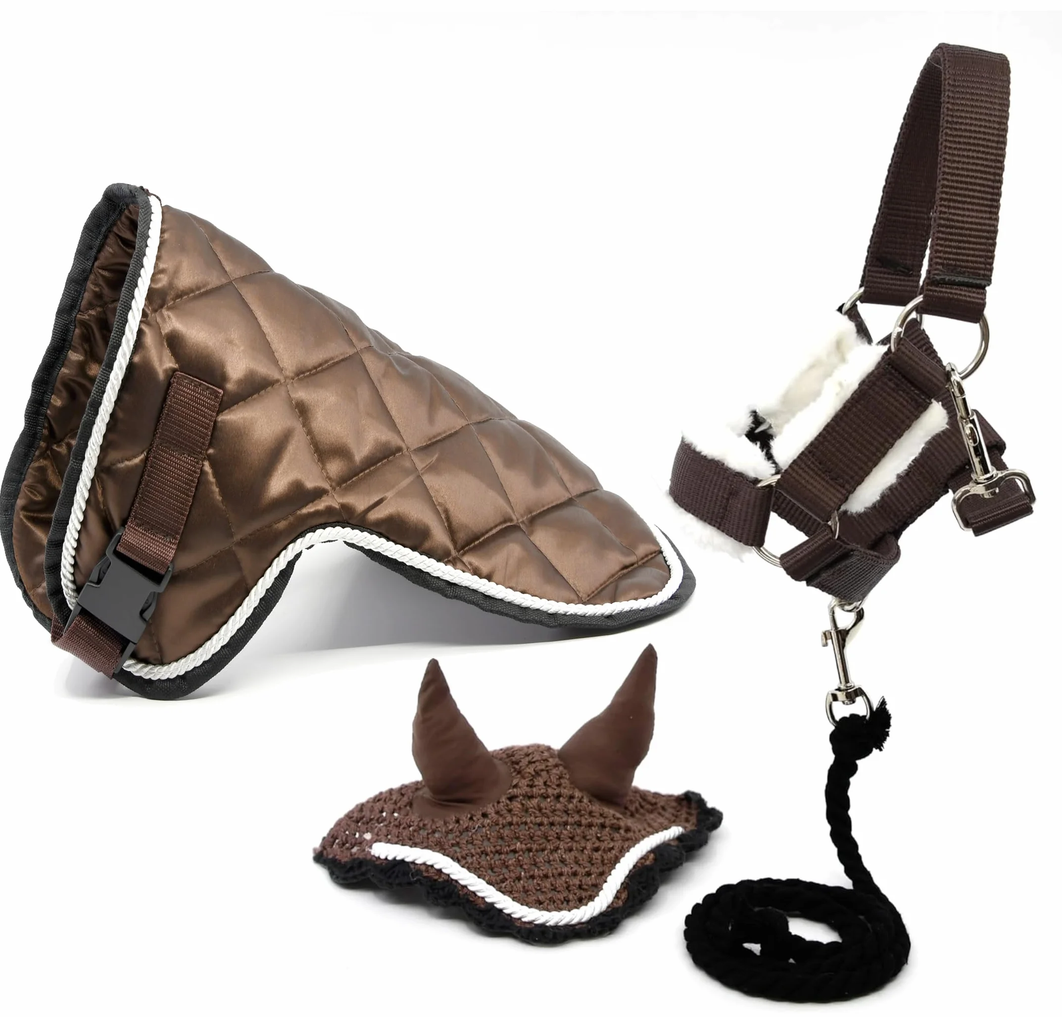 Juego de accesorios marrón chocolate para Hobby Horse y Caballo Palo: halter mosmoute con cordón + manta + gorro antimoscas