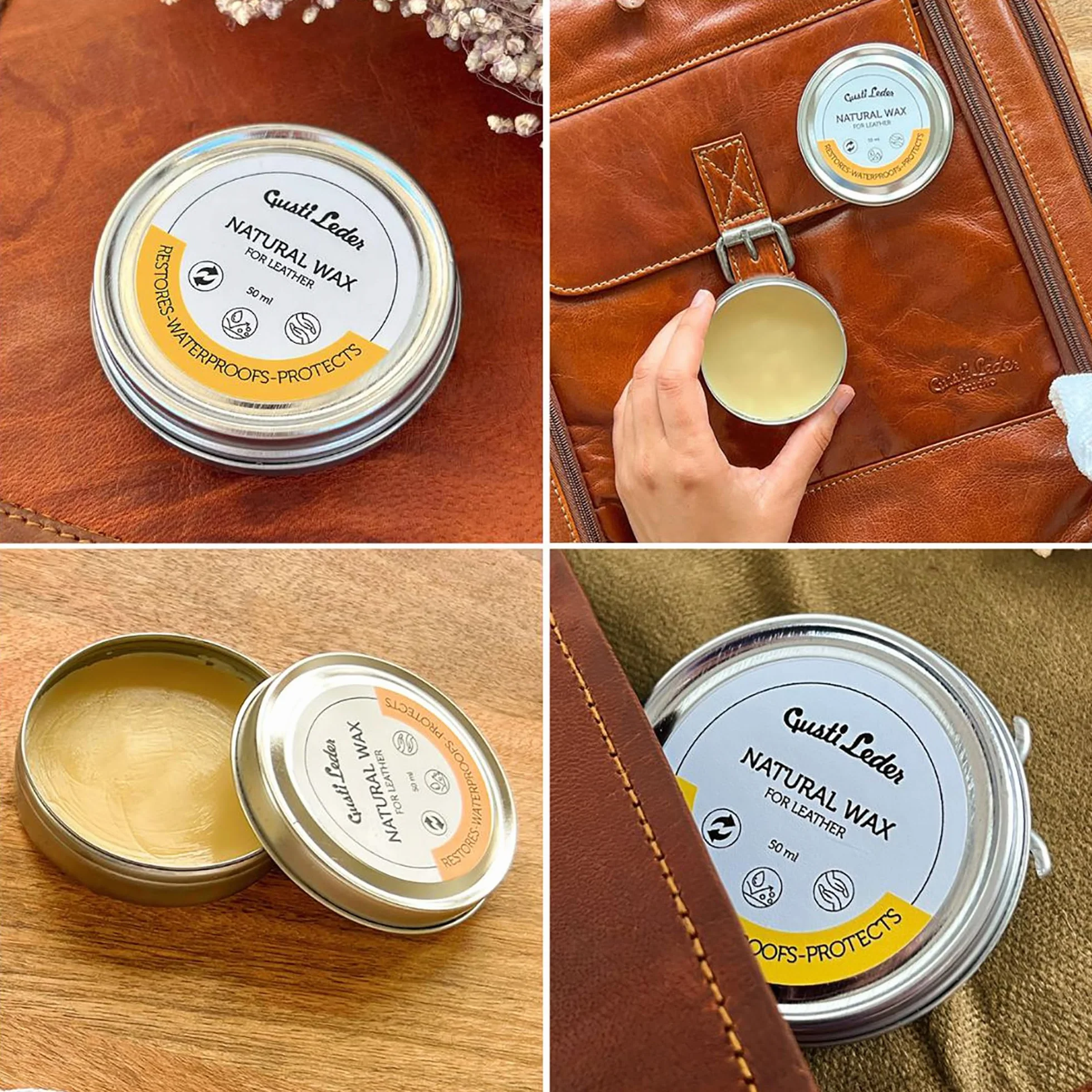 Gusti Leder Natural Wax - Cera de abejas para el cuidado del cuero para sofá, bolsos, zapatos y coche - grasa para cuero para brillo, protección y suavidad