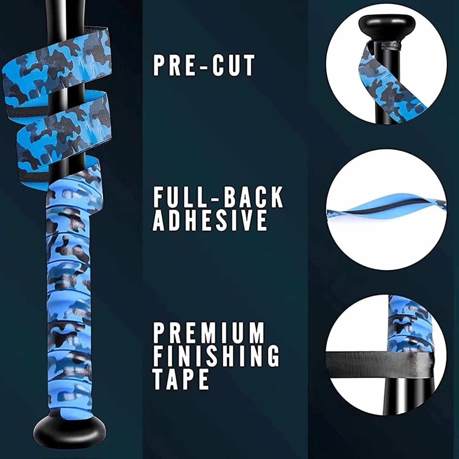 Empuñaduras de Bate de Béisbol 0,8 mm Cinta de Agarre de Camuflaje Azul para Béisbol Raqueta Tenis Bádminton