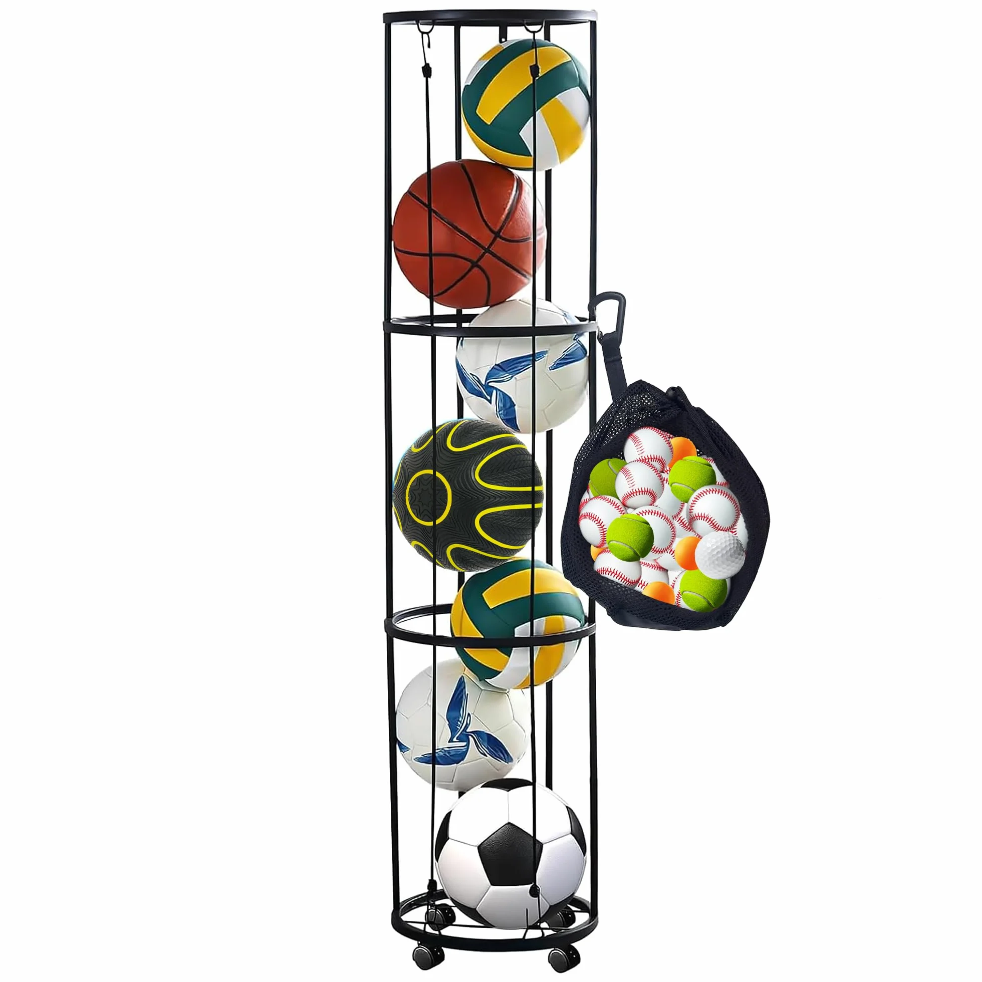 Estante para Pelotas de 3 Niveles con Ruedas, Soporte Extraíble con Red, Almacenamiento Deportivo para Voleibol, Baloncesto y Fútbol