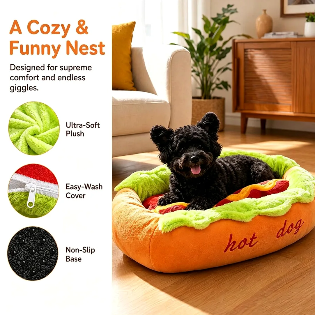 Cama Hot Dog para Perro Salchicha, Sofá de Peluche en Forma de Pan para Perros Pequeños y Gatos, Colchoneta Extraíble Lavable y Base Antideslizante (Hot Dog Bed,XL)