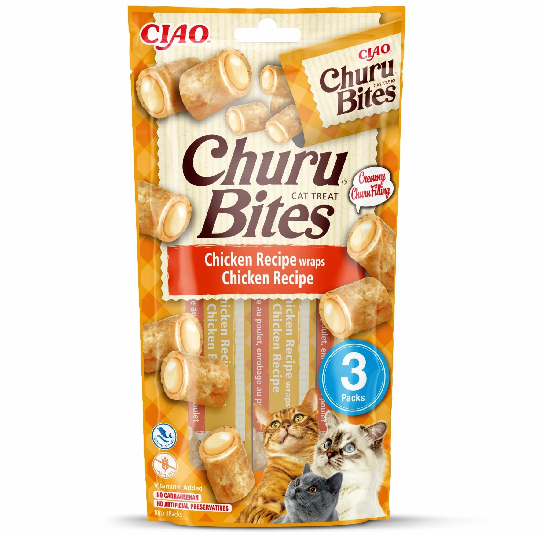INABA Churu Bites Gatos - Receta Saludable de Pollo - Premios Saludables - Golosinas Crujientes y Cremosas - Pequeña y Práctica Porción Sabor Pollo - Sin conservantes ni Colorantes - 30g (3x10g)