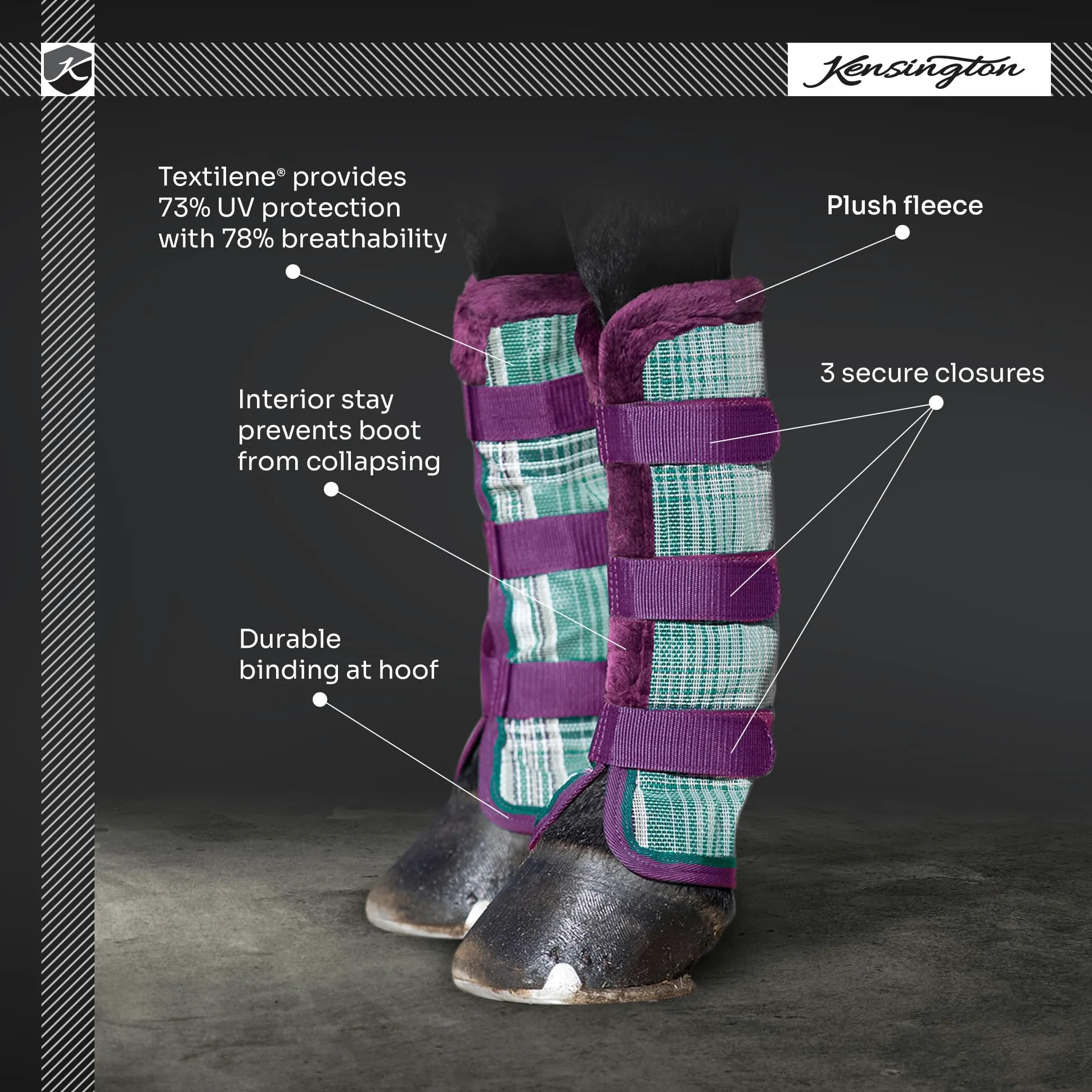 Kensington Botas de mosca para caballo, con ribete de forro polar, tecnología Stay-Up, protección contra picaduras de insectos y rayos UV, se venden en pares (2 botas), tamaño grande, color azul