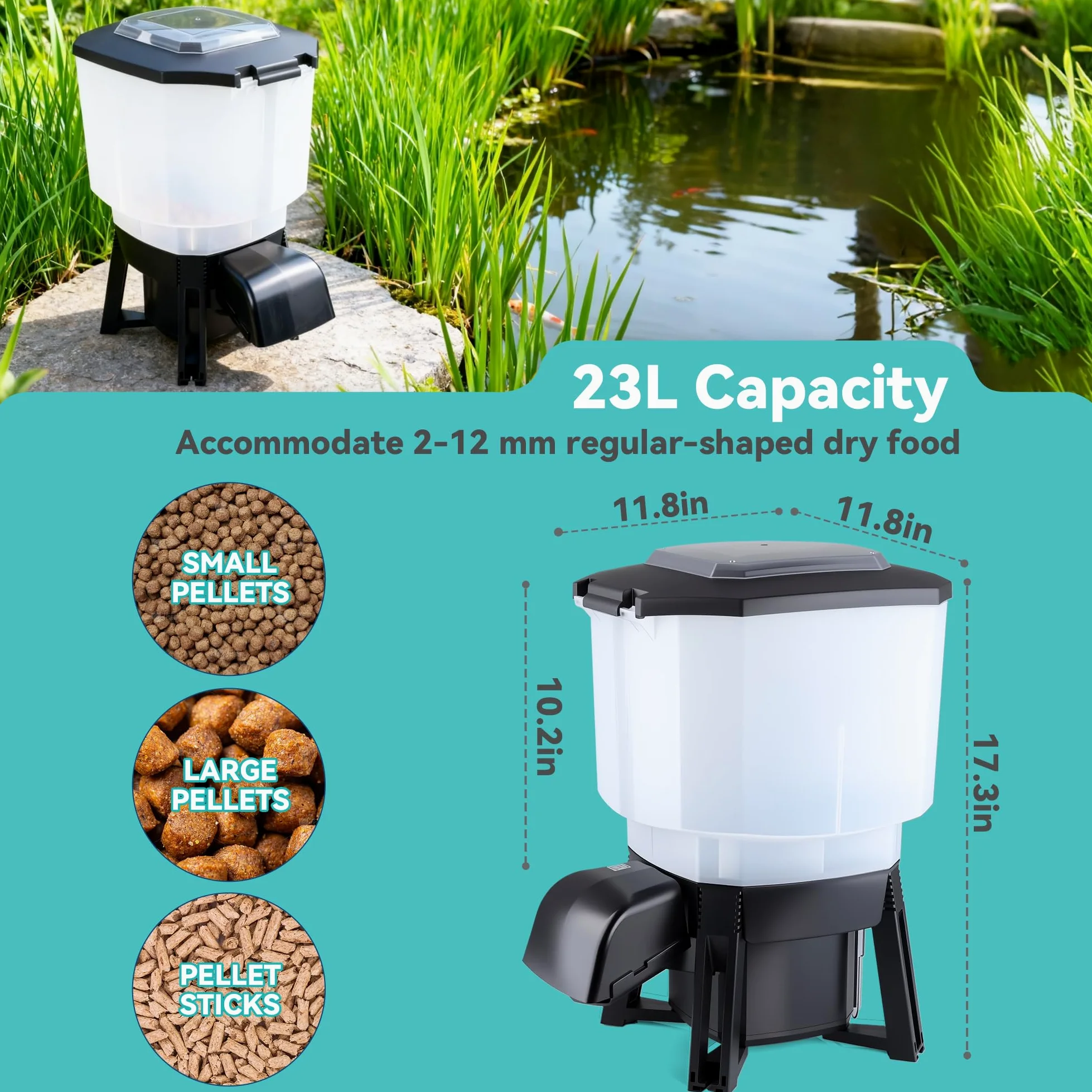 Alimentador solar automático de peces para estanque, alimentador automático de peces Koi para exteriores | Gran capacidad de 23 L, temporizador automático programable, batería y energía eléctrica de CA