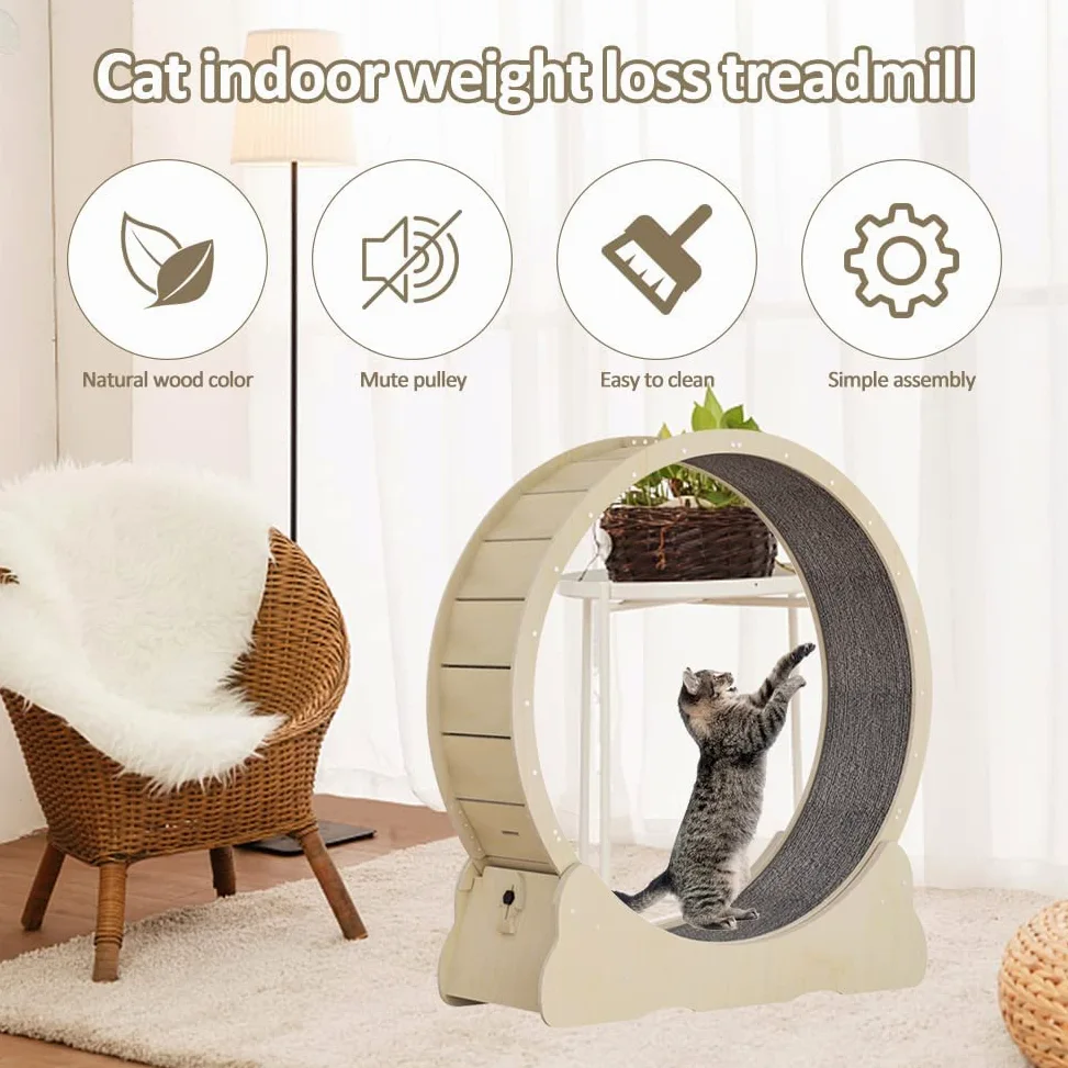 Bicicleta de paseo para gatos, 132 cm, cinta de correr con suelo de moqueta, dispositivo de fitness para perder peso, para una vida más larga del gato (madera natural, XXL)