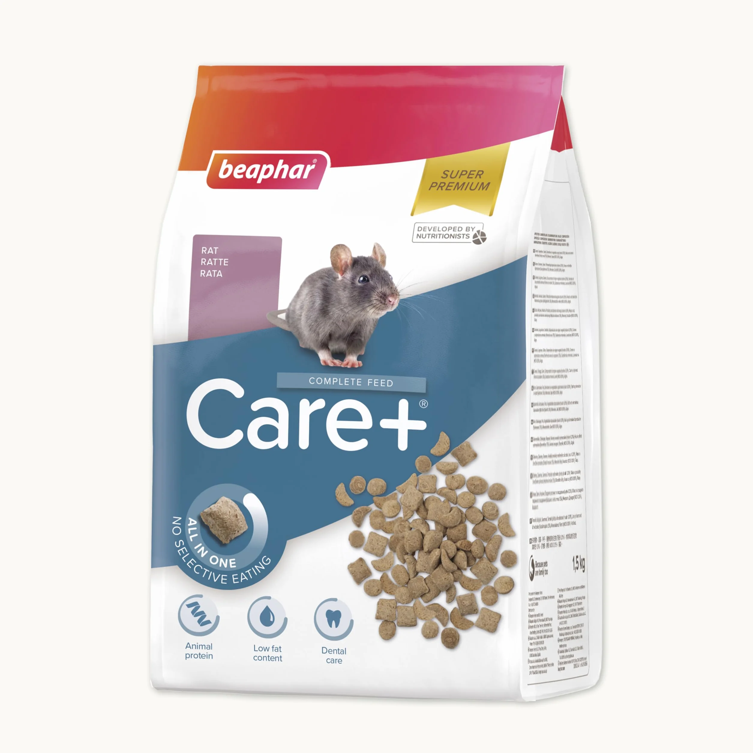 Beaphar - Care+ Pienso Super Premium - Comida para Rata - 1,5kg - Alto Valor energético - Buena digestión - Desgaste de los Dientes y Sin azúcares añadidos- Alimentación Extrusionada