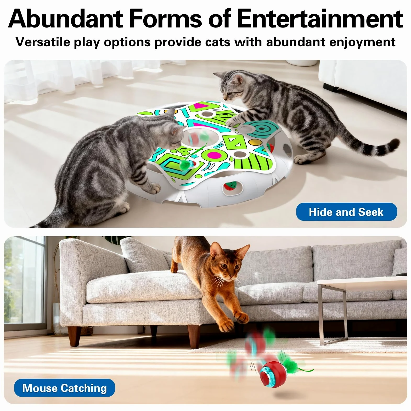 Sofolor Juego interactivo de juguete para gatos, juguete para esconderse con bola de gato activada por movimiento, 2 juguetes para gatitos, bola de campana, juguetes de ejercicio para gatos adultos