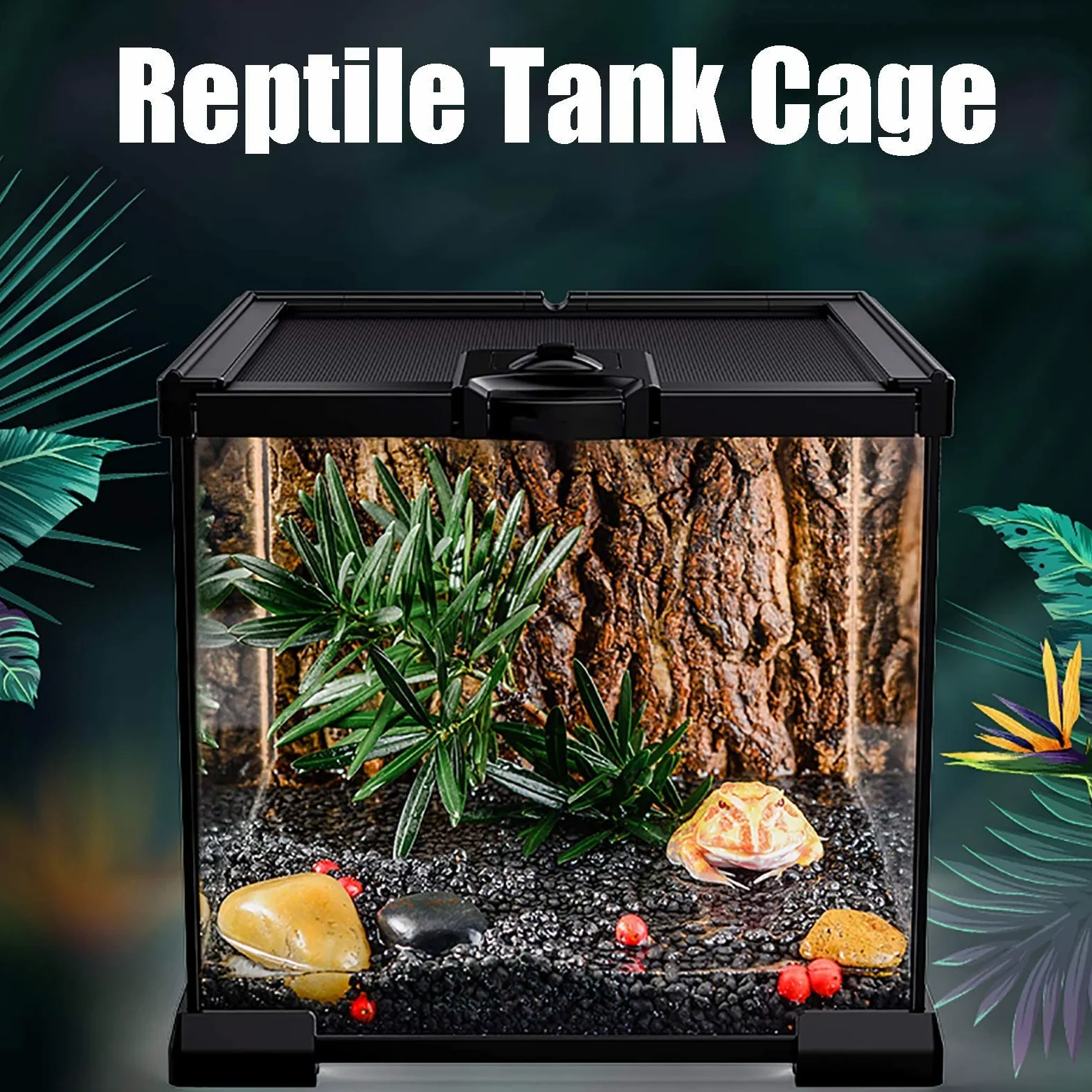 Tanque de Vidrio para Acuario de Reptiles, Caja de Transporte de alimentación de Anfibios Interior para Serpiente Tortuga Lagarto (30x30x29cm)