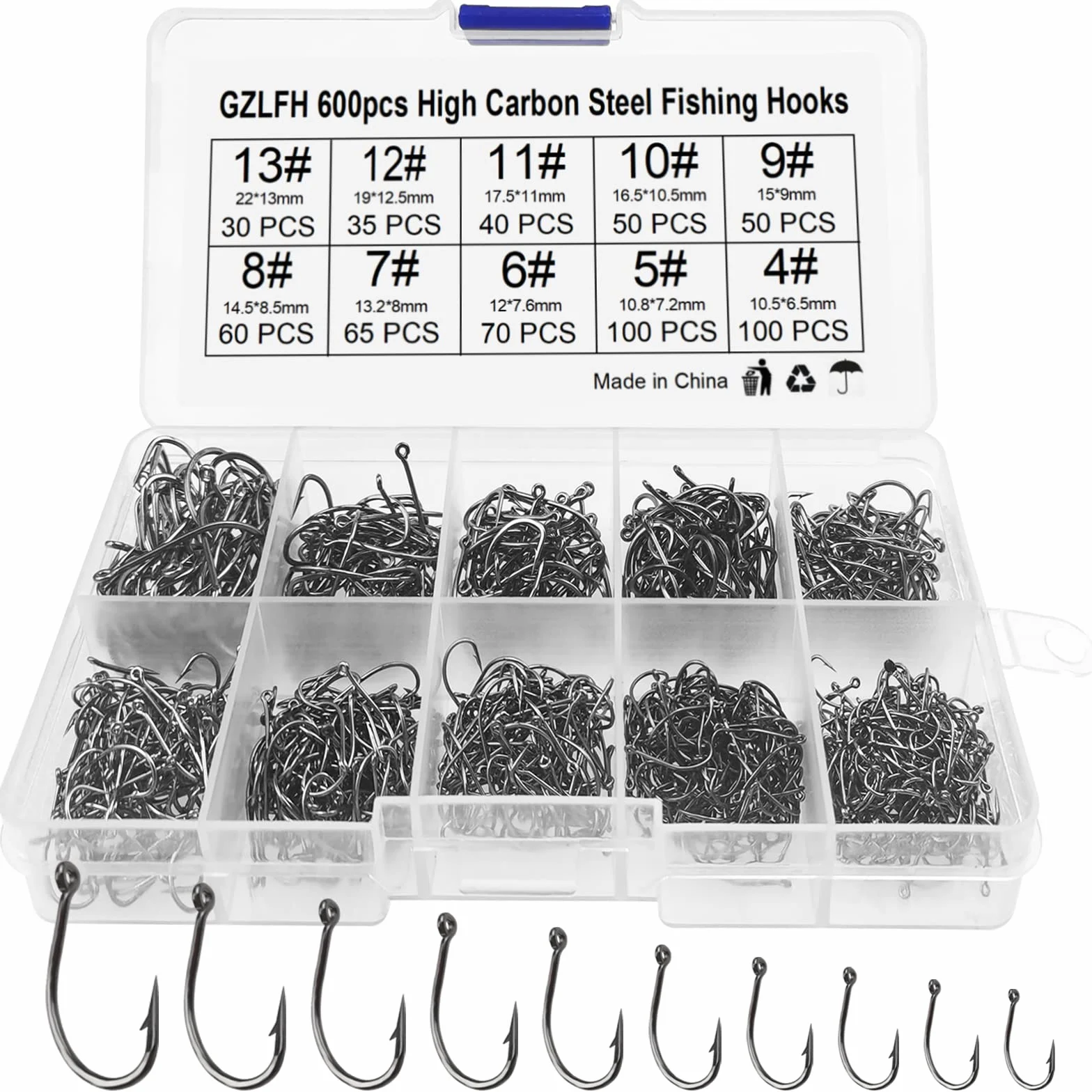 Kit De Pesca Completo 600 Anzuelos De Pesca 10 Tamaños Caja De Plástico Para Agua Salada Y Dulce