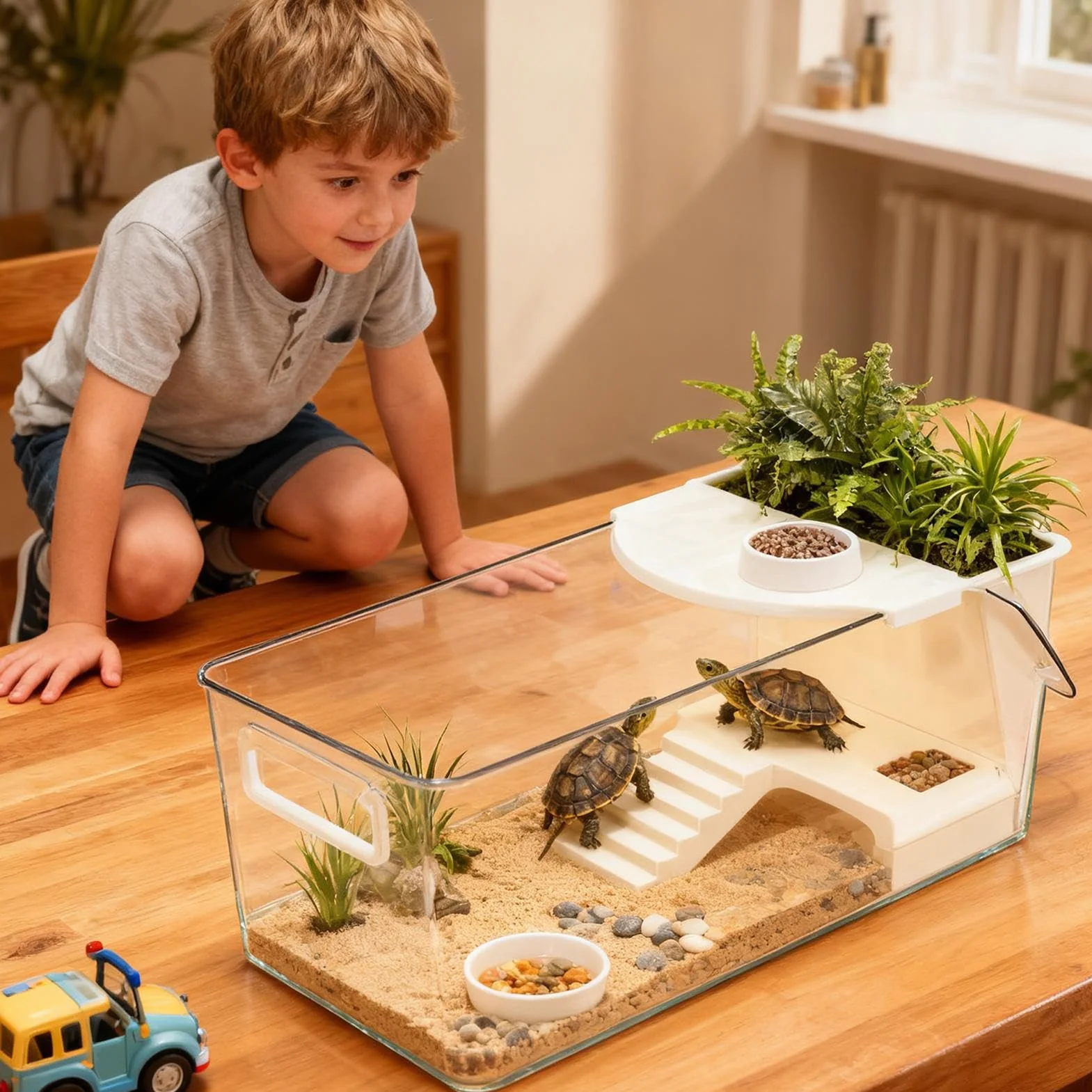 Terrario de tortugas, gran terrario con plataforma solar, de reptiles de agua, tanque de tortugas, para ranas de árbol, salamandras, cangrejos de río, animales pequeños, interior salón
