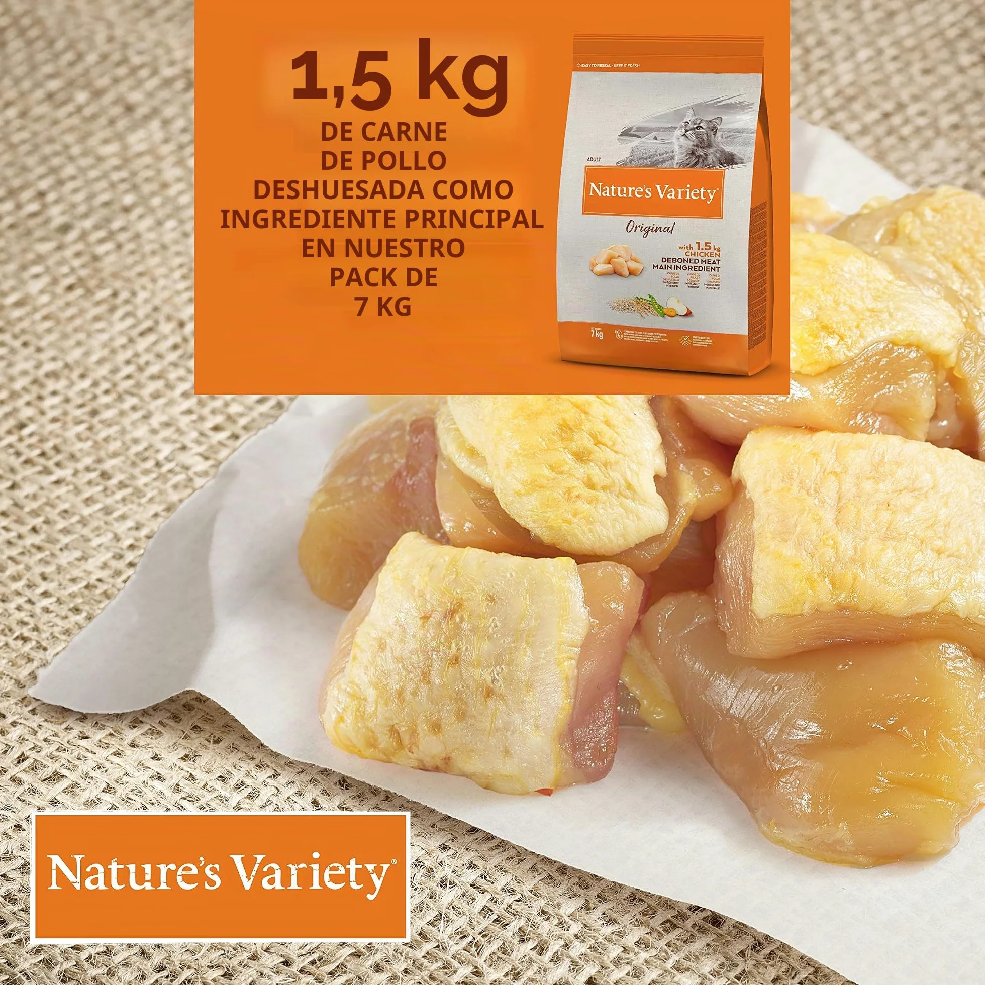 Nature's Variety Original, Pienso para Gatos Adultos con Pollo Deshuesado, 7kg & Original, Pienso para Gatos Adultos Esterilizados con Salmón sin Espinas, 7kg