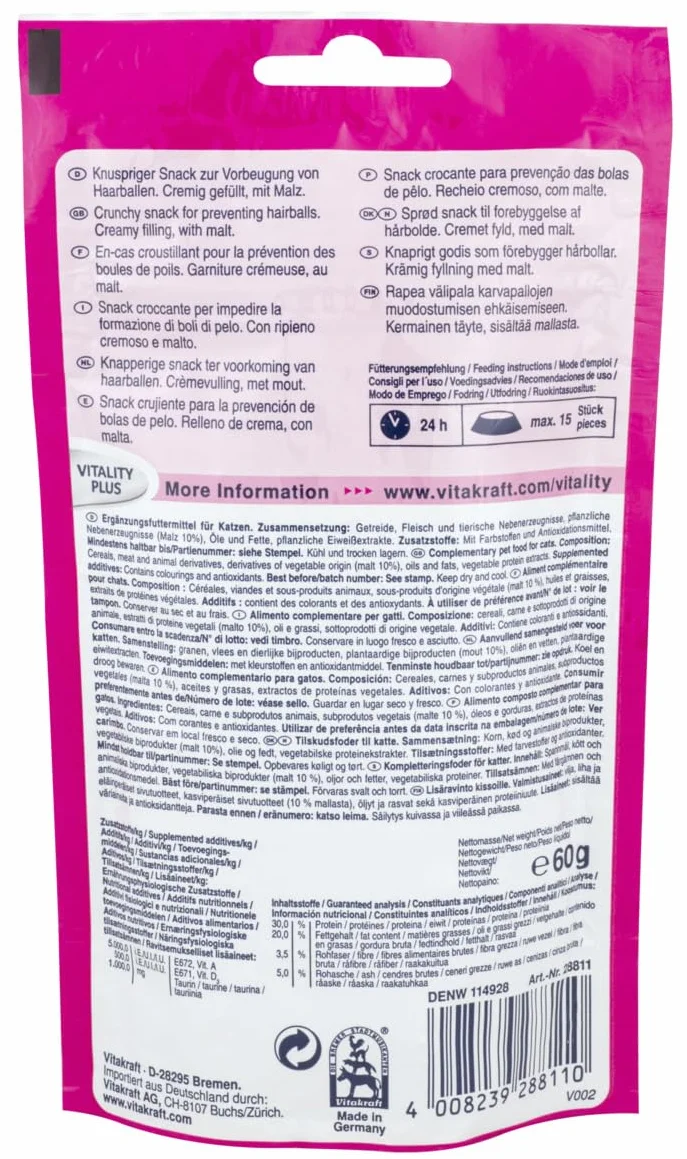 Vitakraft Crispy Crunch Classic, golosinas para Gatos, crujiente Snack para Gatos Relleno de Malta, en Bolsa resellable, sin azúcar añadido (1x 60g)