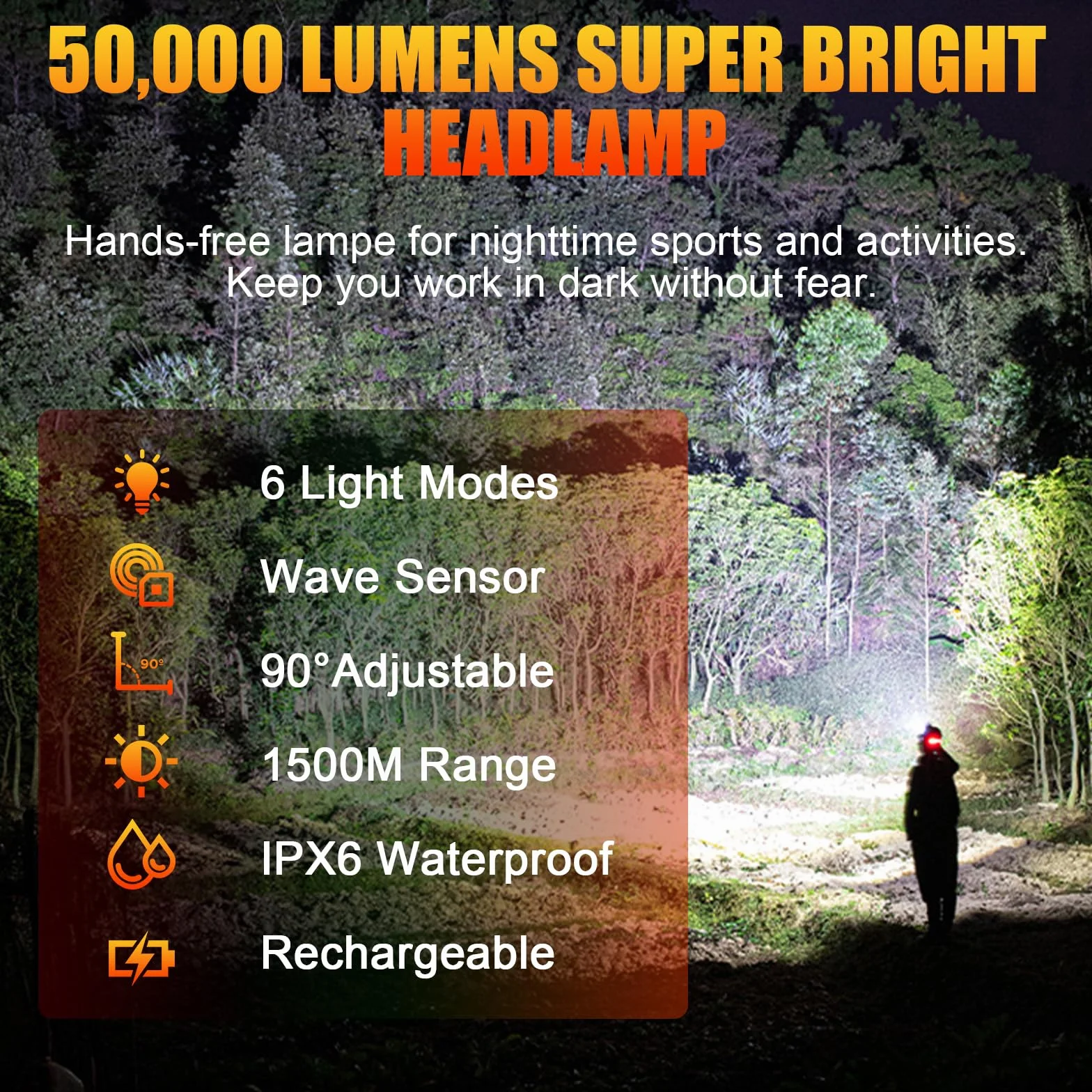 Linterna Frontal LED Recargable 5000 Lúmenes 6 Modos Sensor y Luz Roja 5200mAh USB IPX6 Impermeable