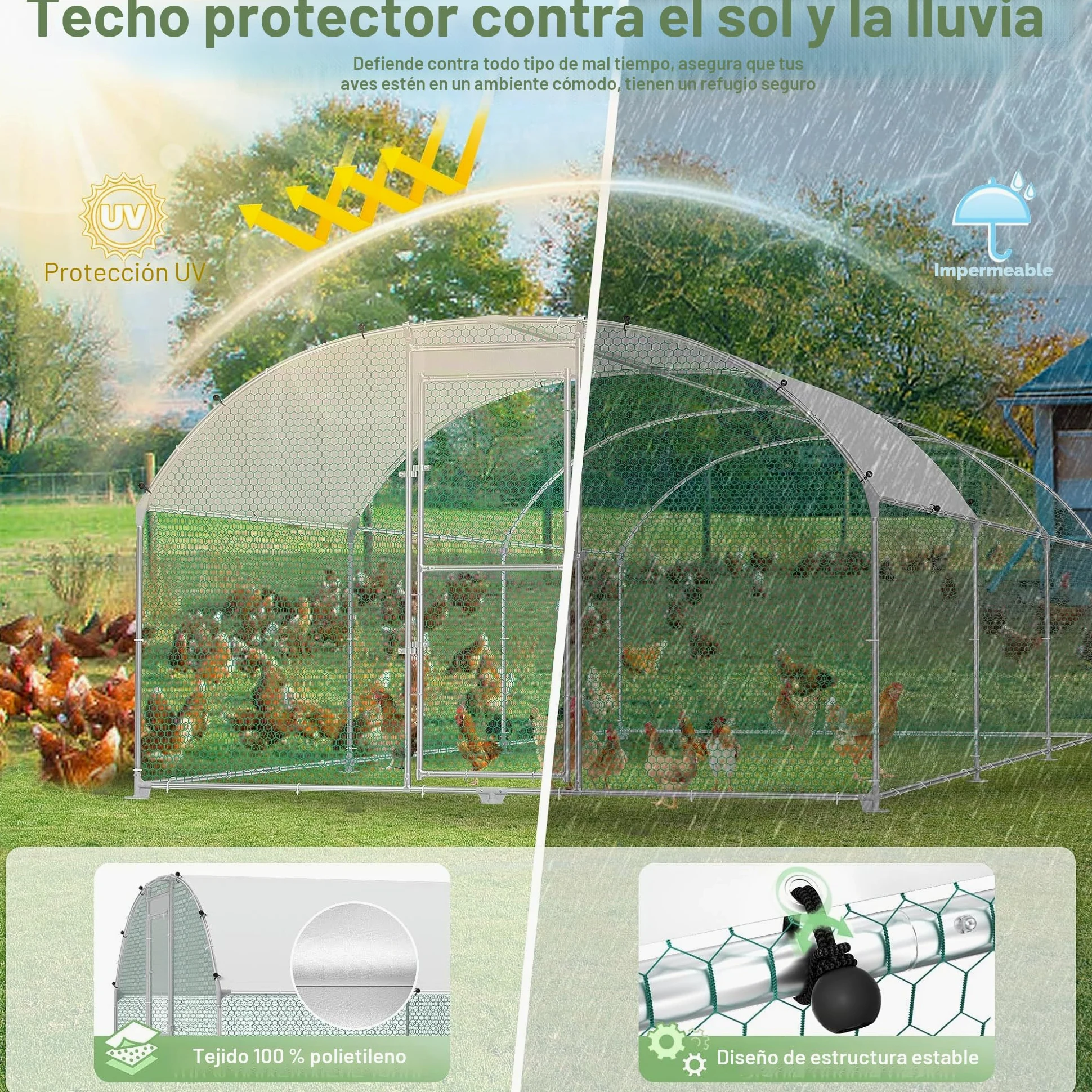 Jaula para gallinas y gallinero, de metal galvanizado, 3 x 8 m, resistente al invierno, con techo solar y cerradura, para animales pequeños y aves de corral
