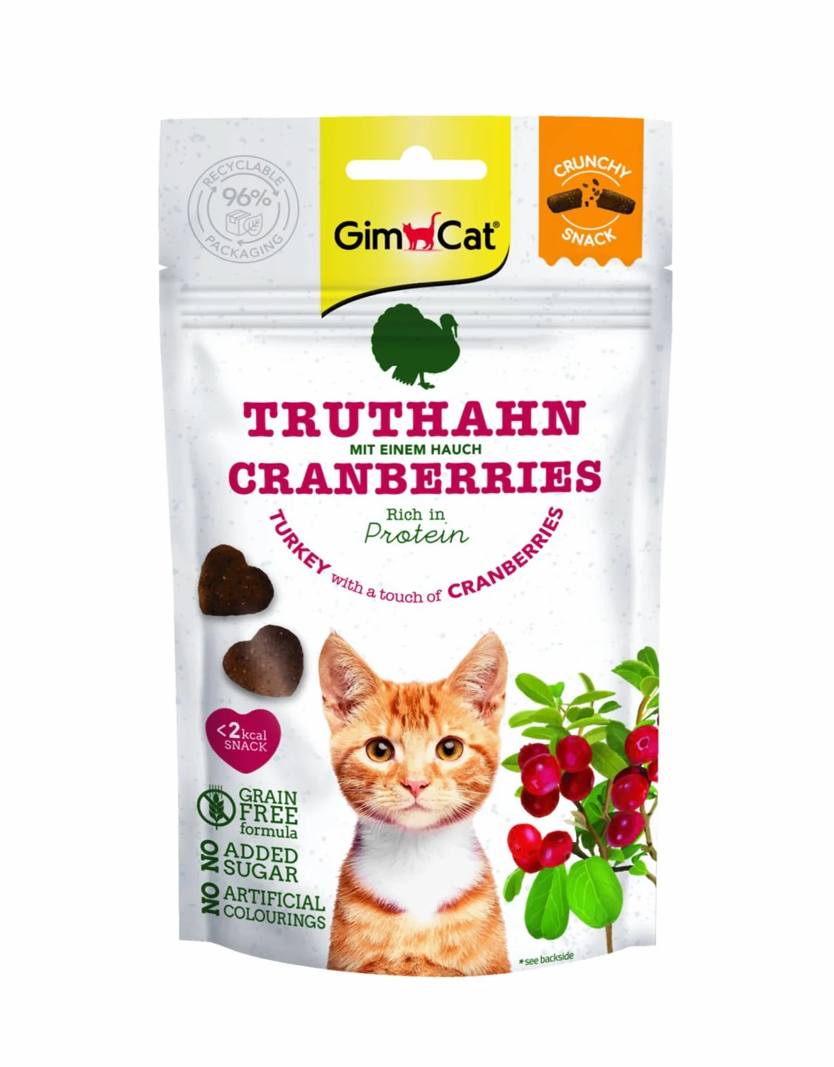 GimCat Snacks crujientes Pavo con arándanos - Golosinas para Gatos crujientes y ricas en proteínas - 1 Bolsa (1 x 50 g)