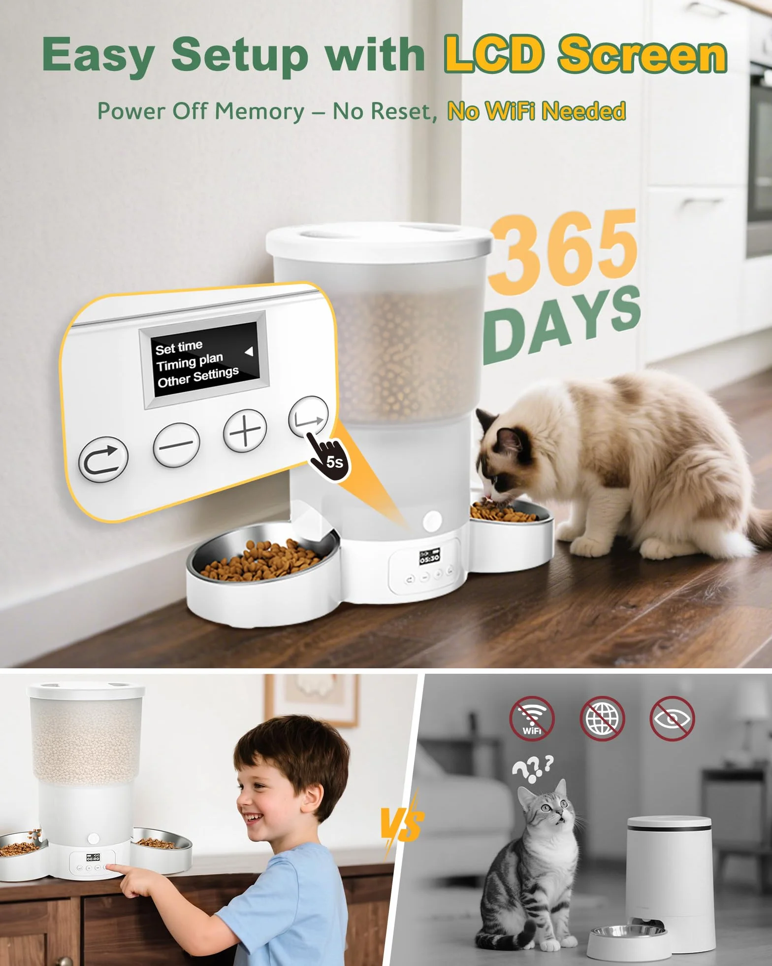Gimars 5L Comedero Gato Automatico 2 Cuencos Inoxidables, Fácil De Configurar, Temporizador Programable 1-6 Comidas al Día Dispensador Comida Gatos y Perro en Diseño Sellado, Grabación Voz 10s