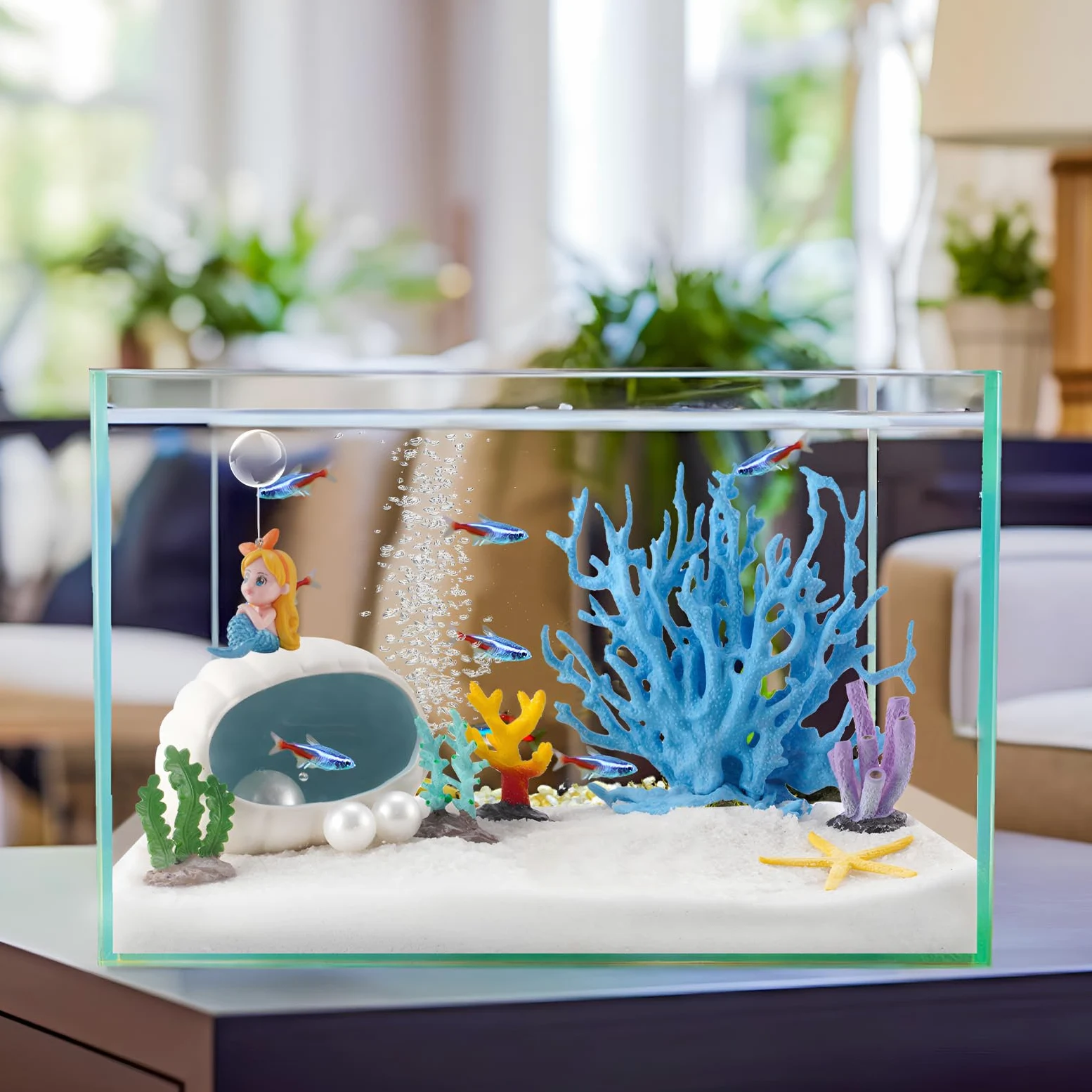 Yawkey Juego de decoración de acuario: corales vibrantes, estrellas de mar, conchas con perlas y figuras de sirena: solución única de paisajismo acuático para una escena submarina mágica (azul)