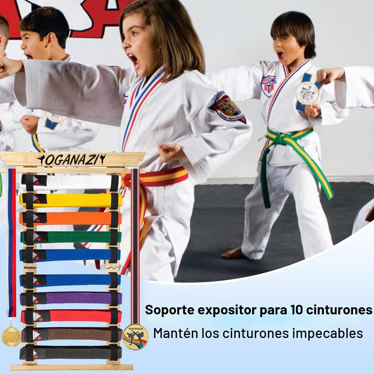 SUMNACON Soporte para cinturón de artes marciales, incluye 10 cinturones de bambú para taekwondo, soporte de pared para judo, karate y ninjitsu