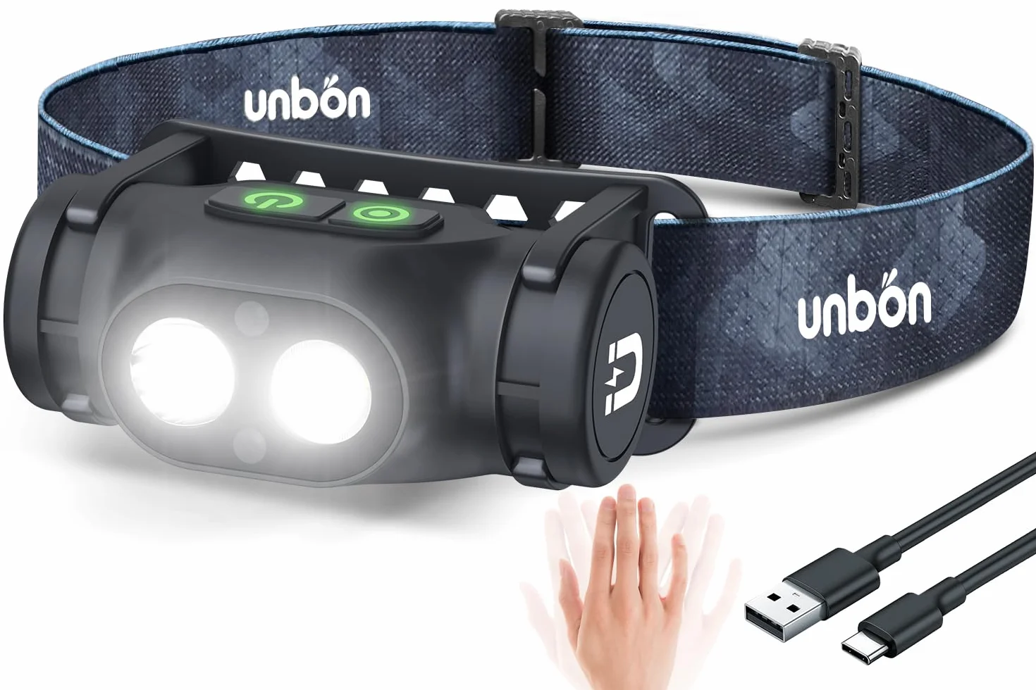 UNBON Linterna Frontal LED Recargable USB C, Alta Potencia 3 Modos, Sensor Movimiento, Base Magnética, IPX4