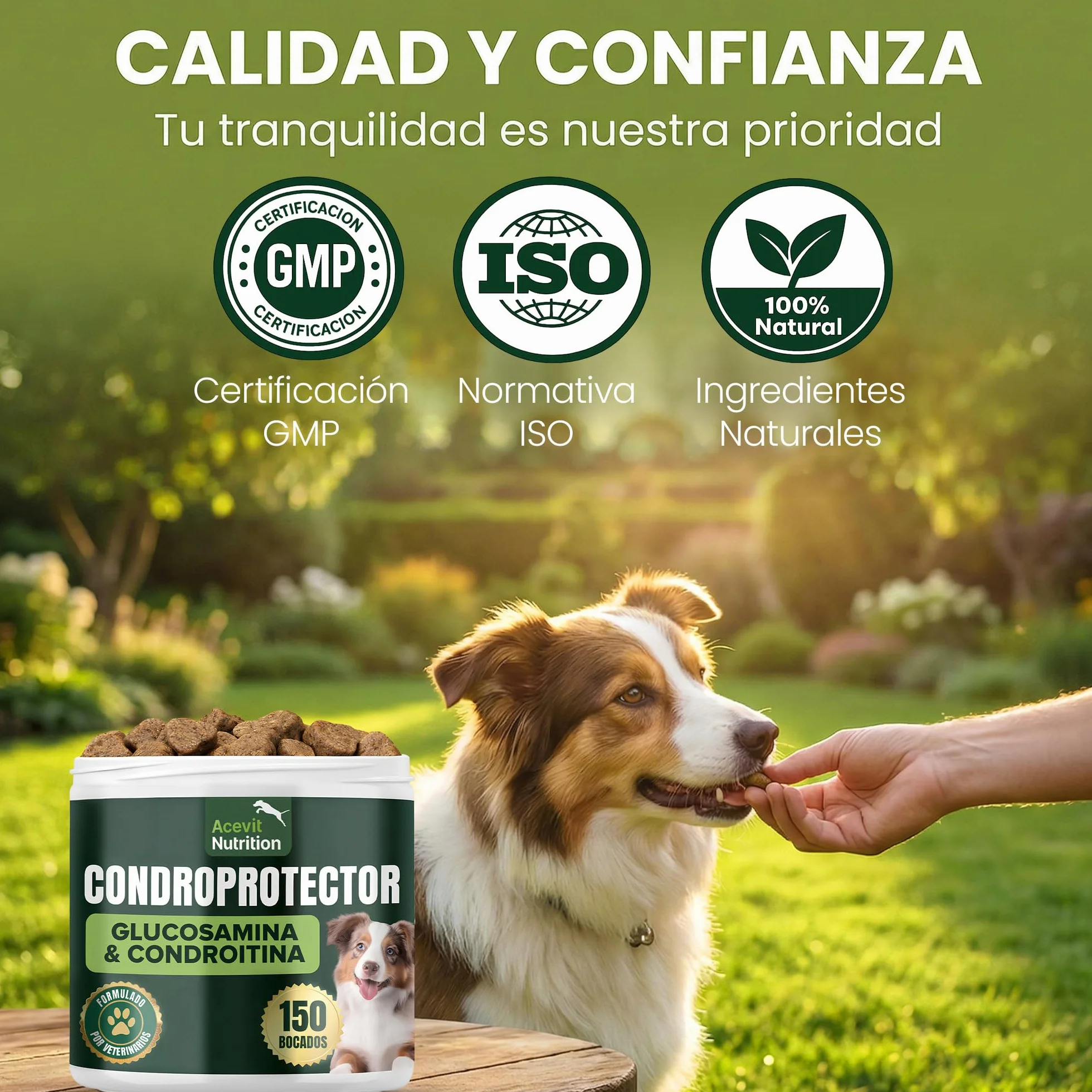 Condroprotector para Perros, 150 Unidades, 100% Natural, Antiinflamatorio, Articulaciones y Cartílagos, Antiartrosis con Colágeno, Glucosamina, Condroitina, MSM, Ácido Hialurónico, Omega 3 y 6