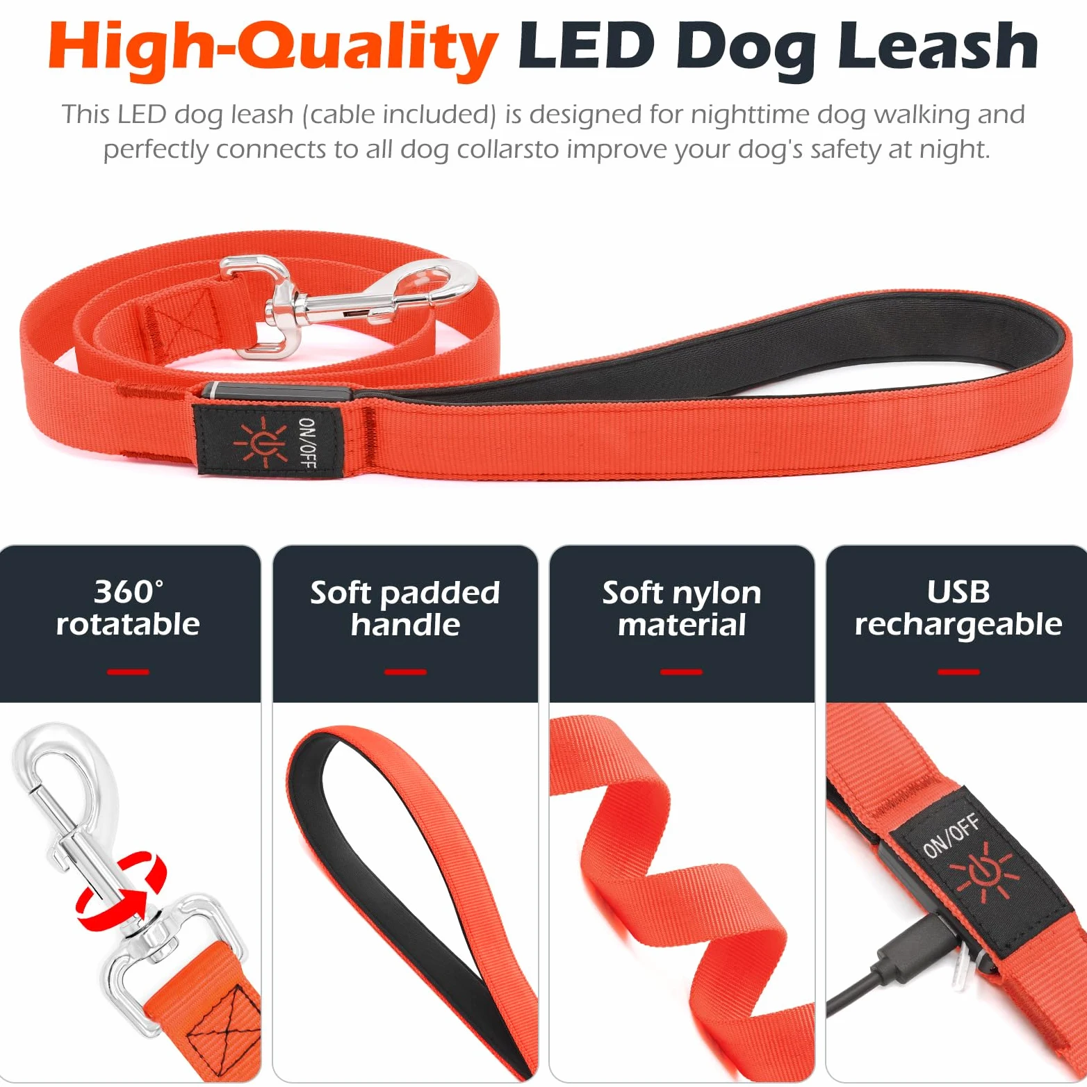 Correa LED para perro, correa de nailon recargable micro USB, correa de seguridad estándar para perros de 4 pies (naranja)