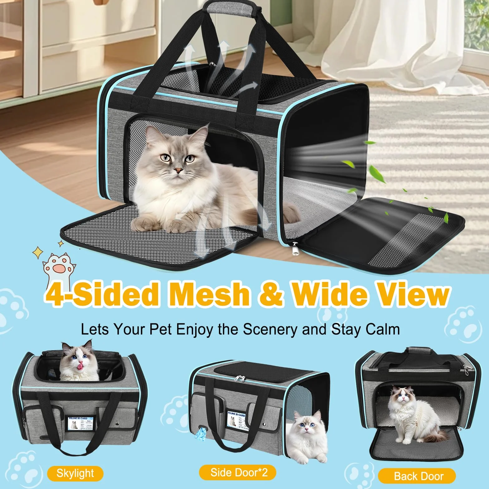 TEUEN Transportín Plegable Aprobado por Aerolíneas - Bolsa Viaje para Gatos y Perros hasta 9kg, 4 Lados de Malla, Tejido Antiarrañazos con Cojín Lavable y Correa de Seguridad