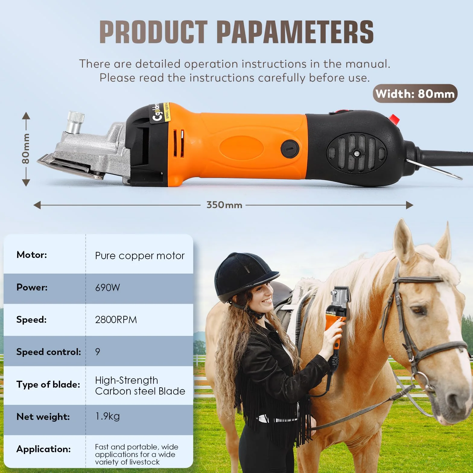 CGOLDENWALL Esquiladora para Caballos Profesional 690W 2800 RPM | 6 Velocidades + Cable 5m | Potencia Industrial para Caballos, Bovinos, Cabras, Ponis & Animales de Pelo Grueso