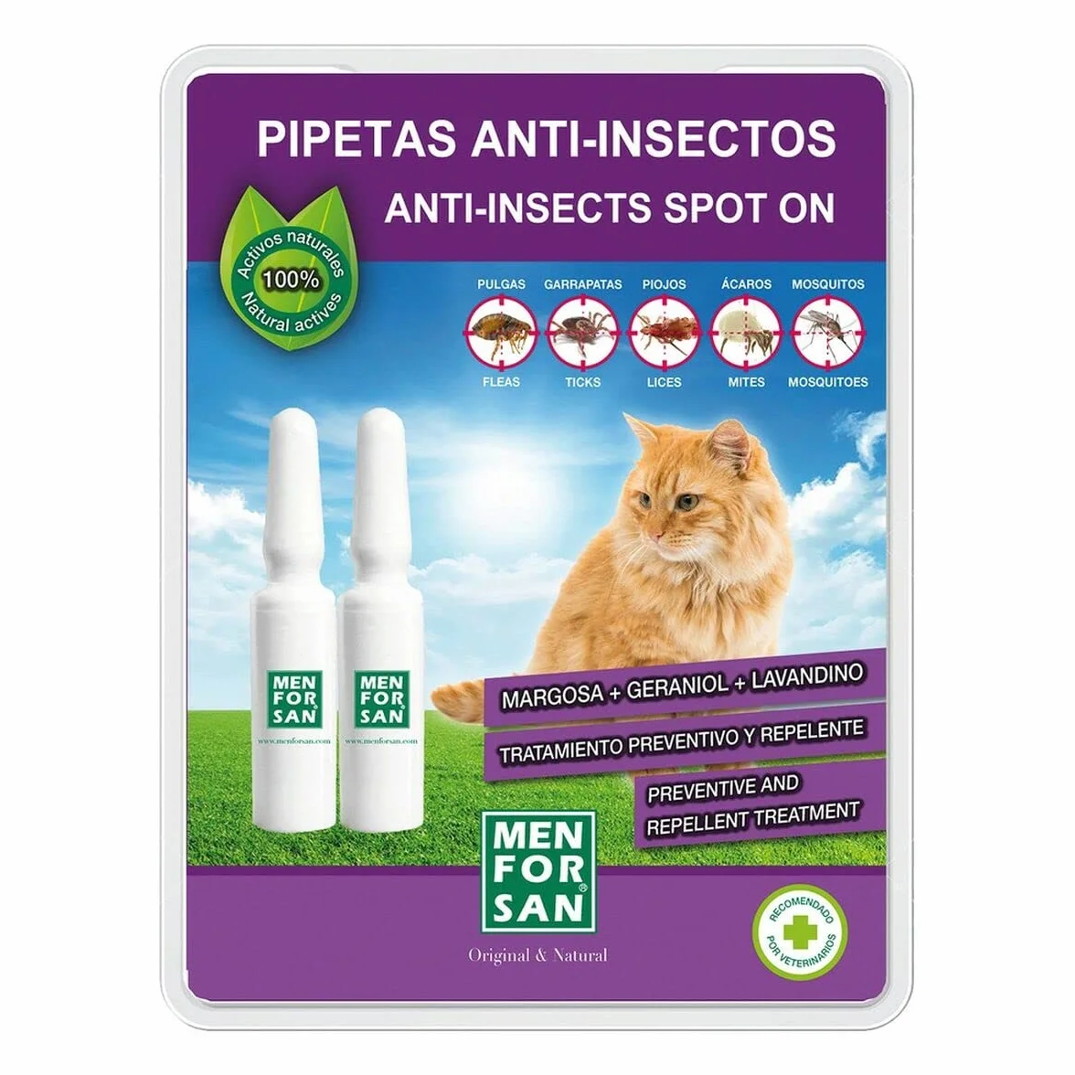 MENFORSAN Pipetas Anti-Insectos para Gatos con Margosa, Geraniol Y Lavandino - Blister con 2 unids