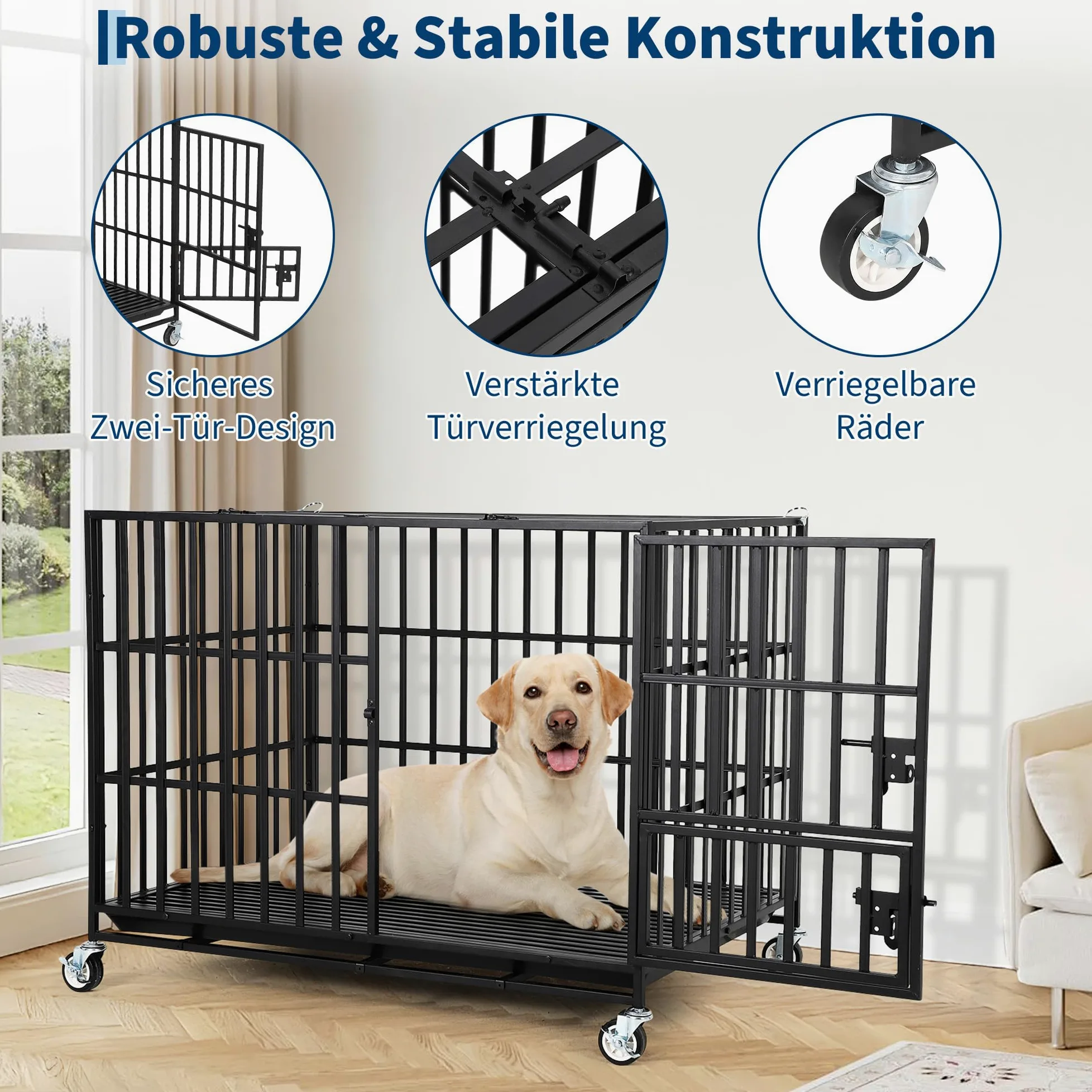 Caja para perros de metal pesado de 125 cm, con 3 puertas, jaula antifugas, para interior con estantes y ruedas, caseta extra grande para perros grandes y medianos, fácil de limpiar (negro)