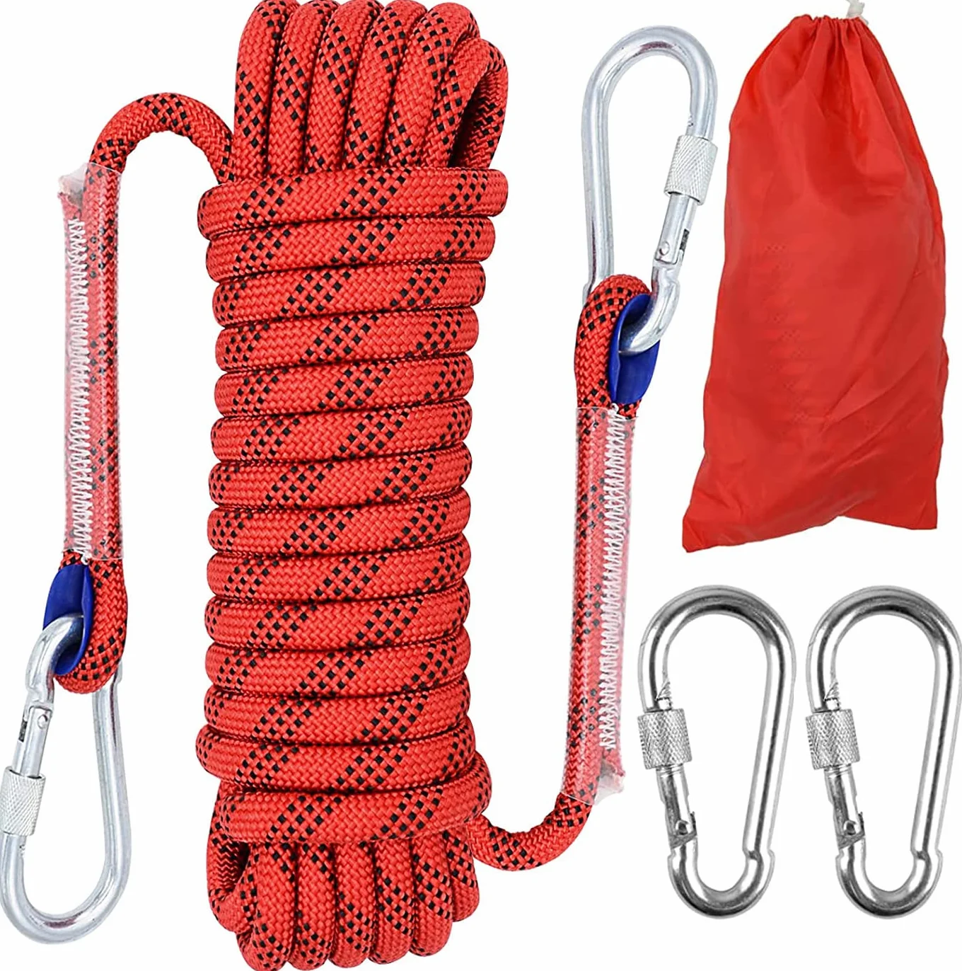Cuerda de Escalada 10mm 10M Servicio Pesado con 2 Mosquetones Rojo