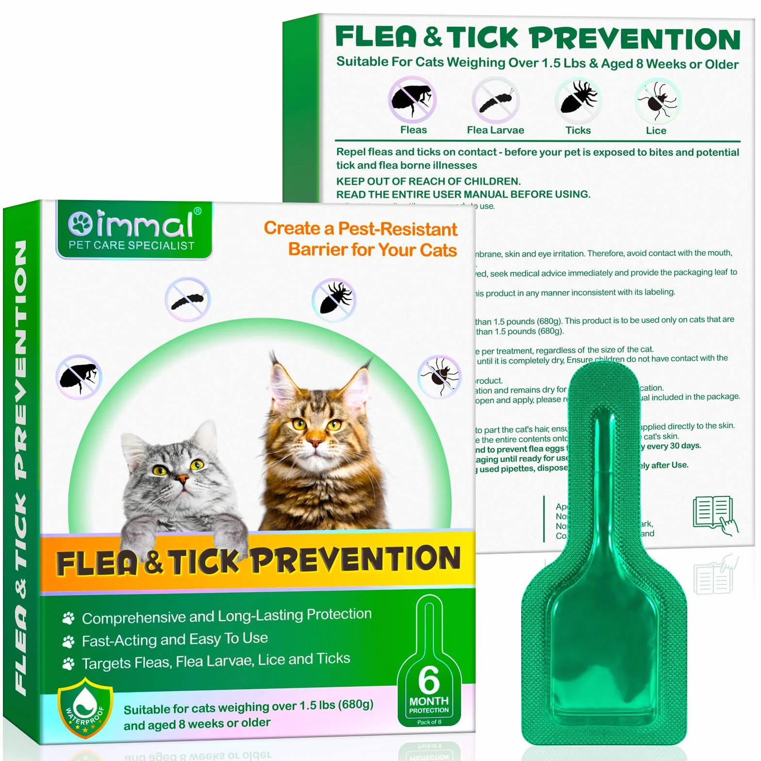 Ver-mi-fu-ge tópico en gotas para gatos 6 unidades, Ver-mif-UG-e Spot on para gatos, prevención de pulgas y garrapatas, fórmula natural fuerte, protección contra las alergias cutáneas, de 6 meses