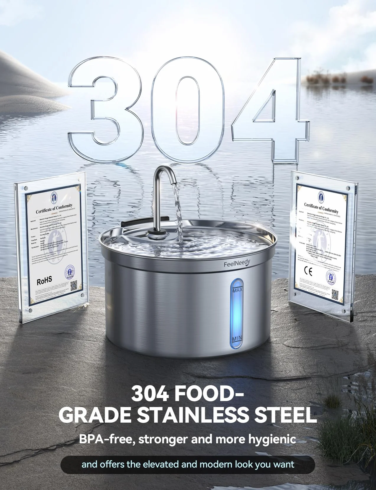 Fuente de Agua para Gatos Acero Inoxidable 304, FEELNEEDY 3,5L Bebedero Gatos Automática diseño de Grifo, Fuente para Mascotas Silenciosa, Multi-Filtración, con 3 Filtros y 1 Cargador USB 5V 1A