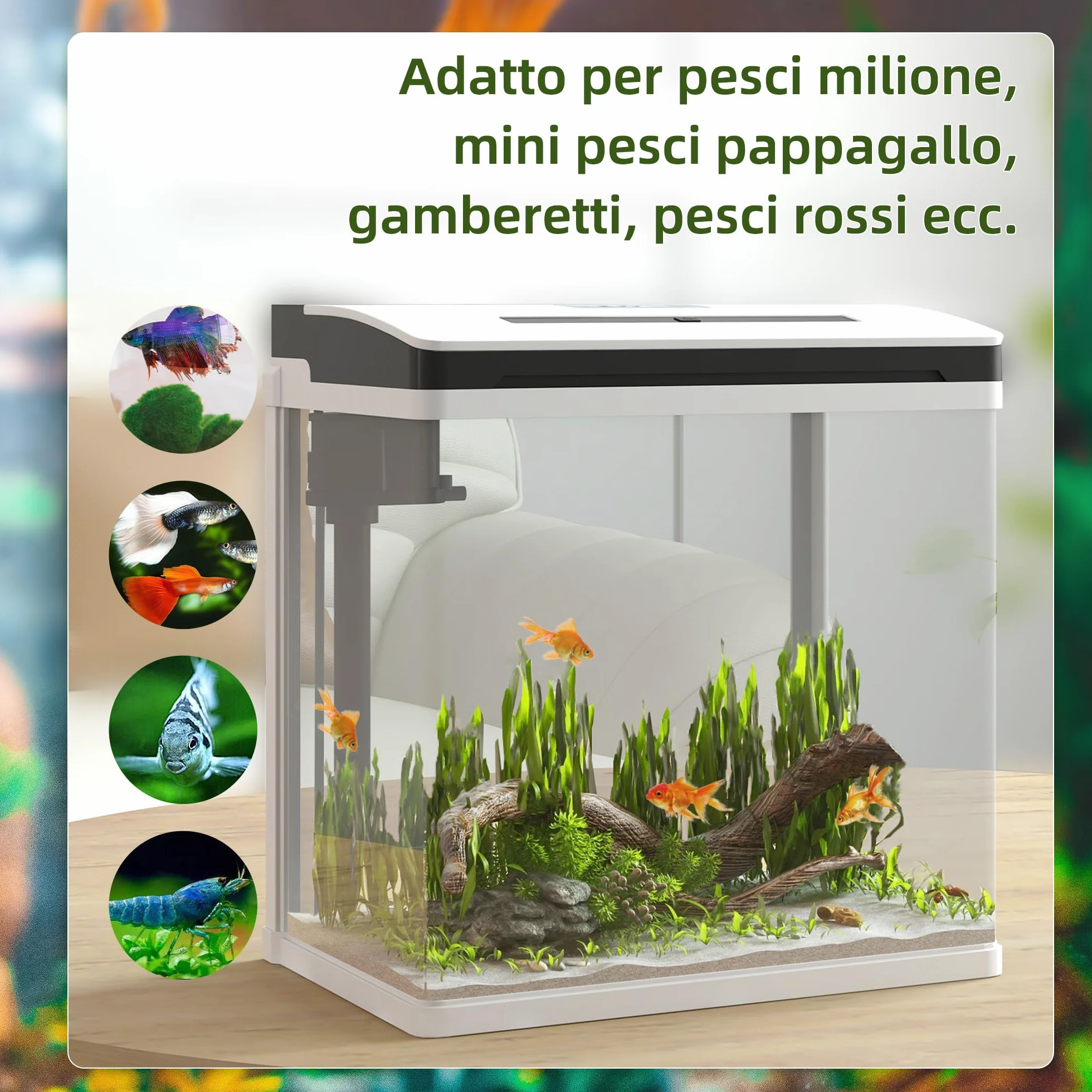 PawHut Acuario de Cristal de 13L Pecera Pequeña con Sistema de Filtro Iluminación LED Bomba de Agua 29x20x30,5 cm Blanco