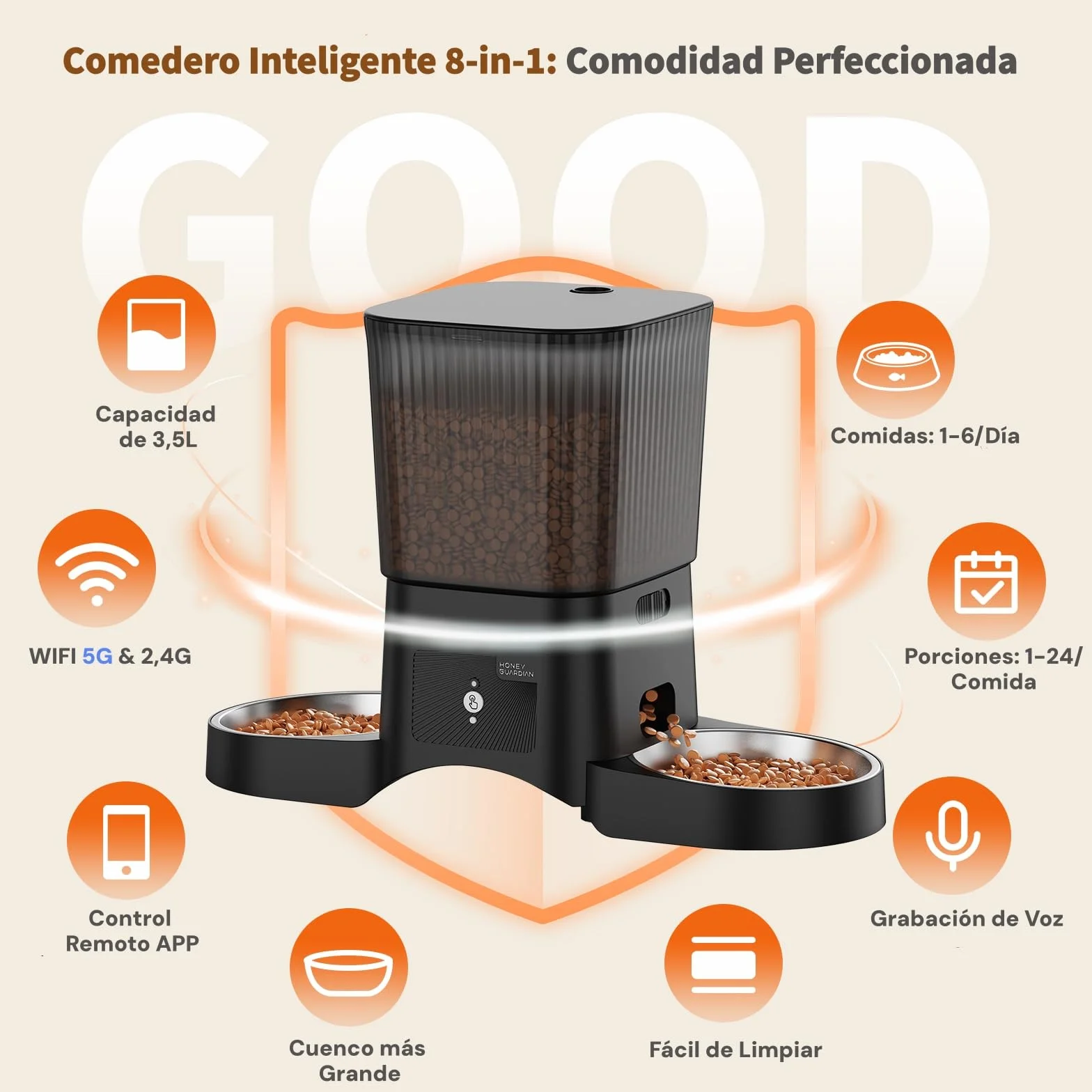 Comedero Gato Automatico 5G WiFi, HONEYGUARDIAN Dispensador Comida Seca Gatos Perros, Alimentador Automatico Gato Fácil Operación con Control App, 4 Cuencos (Acero inoxidable + Lento), 1-6 Comidas/Día